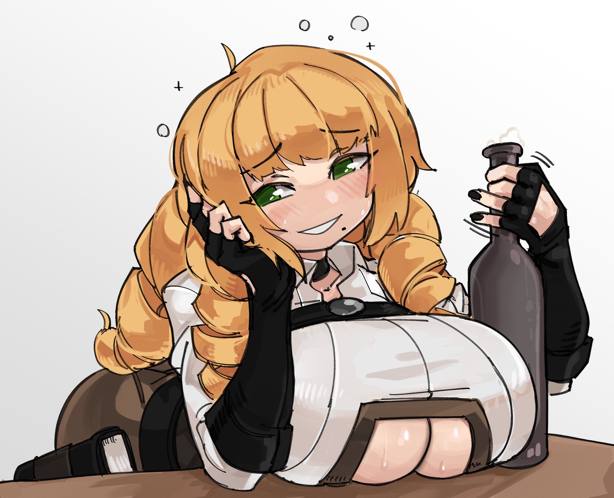 1girls, ahoge, bent over table, big breasts, blonde hair, blush, bottle, breasts, bubbles, cleavage cutout, clothing, curly hair, drill hair, drunk, female, female only, green eyes, hi res, holding bottle, leaning on elbow, long hair, looking at viewer, mole under mouth, smiling, solo, solo female, solo focus, voluptuous, white background, zanamaoria