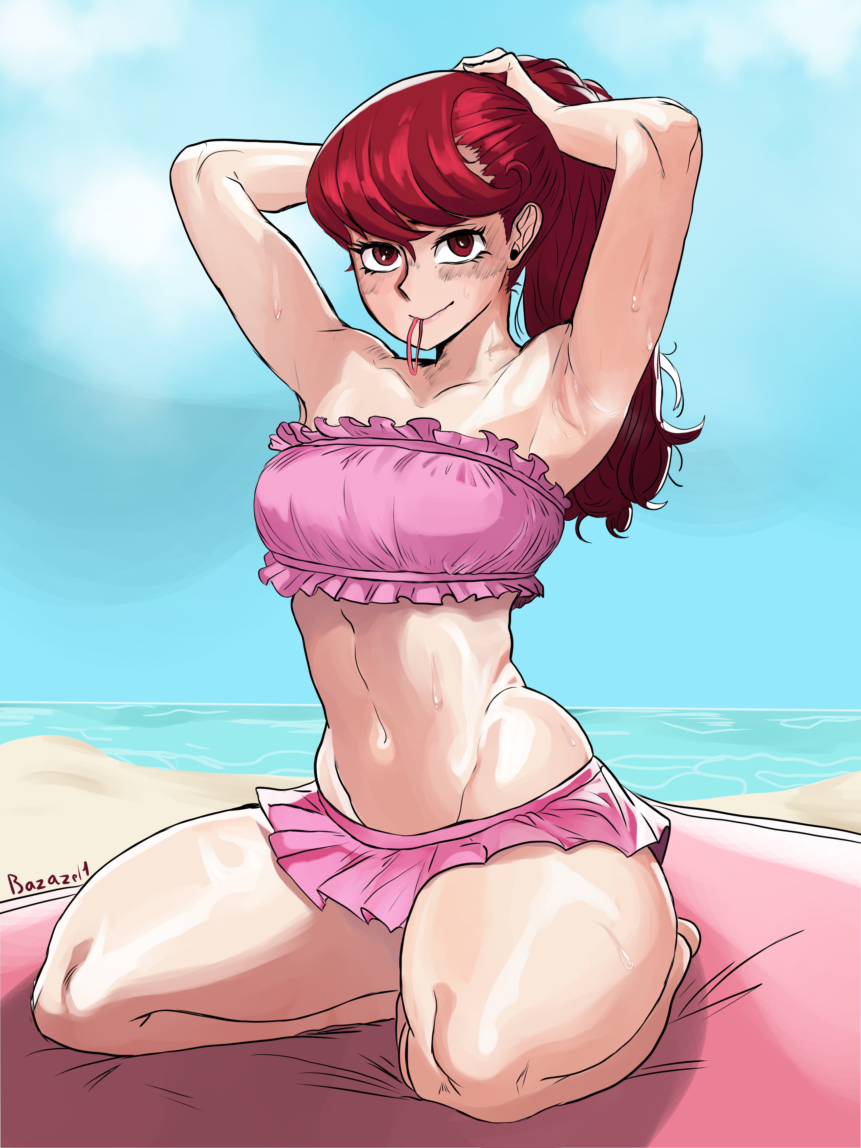 1girls, 2d, 2d (artwork), absurd res, armpits, arms up, artist name, atlus, bazazel, beach, beach background, exposed armpits, female, female only, hairtie, hairtie in mouth, hi res, human, human female, human only, kasumi yoshizawa, lifting arms, light skin, light-skinned female, long hair, long hair female, looking at viewer, midriff, persona, persona 5, pinup, ponytail, questionable, red eyes, red eyes female, red hair, red hair female, sega, small breasts, solo, solo female, sumire yoshizawa, sumire yoshizawa (swimsuit), sweat, sweating, swimsuit, thick thighs, toned, toned body, toned female, tying hair