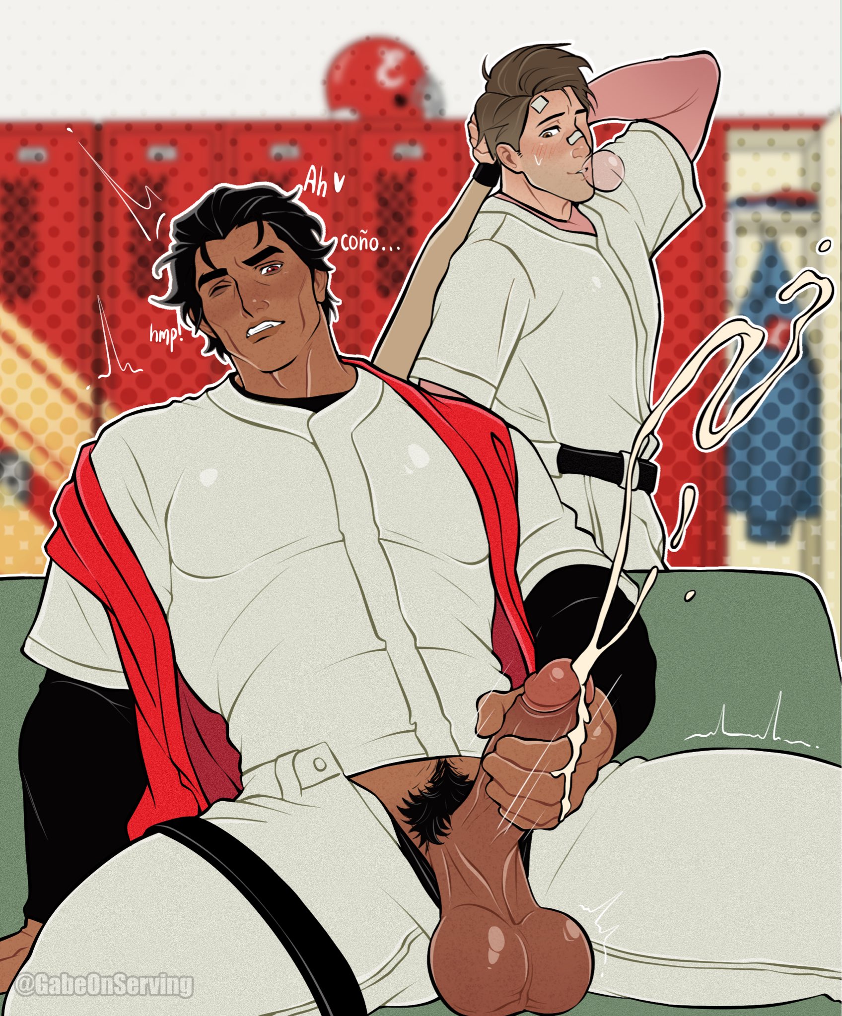 bara, big penis, boner, cock, cum, cumming, dick, erection, gabeonserving, gay, hand on penis, jerking, locker room, male, male only, marvel, masturbation, miguel o'hara, muscular, muscular male, penis, peter b parker, sony interactive entertainment, spanish text, spider-man, spider-man (series), spider-man: across the spider-verse