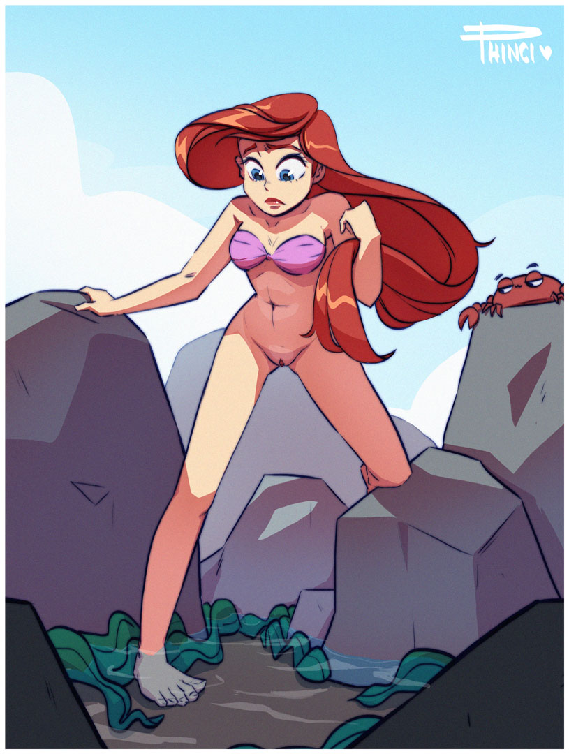 1girl ariel artist_name barefoot belly_button bikini bikini_top_only blue_eyes bottomless breasts cleft_of_venus crab day disney female foot_in_water long_hair looking_down medium_breasts navel nervous octopus outdoors phinci pink_bikini pussy red_hair red_lips rock rocks shell shell_bikini sky solo strapless_bikini swimsuit the_little_mermaid uncensored wading water