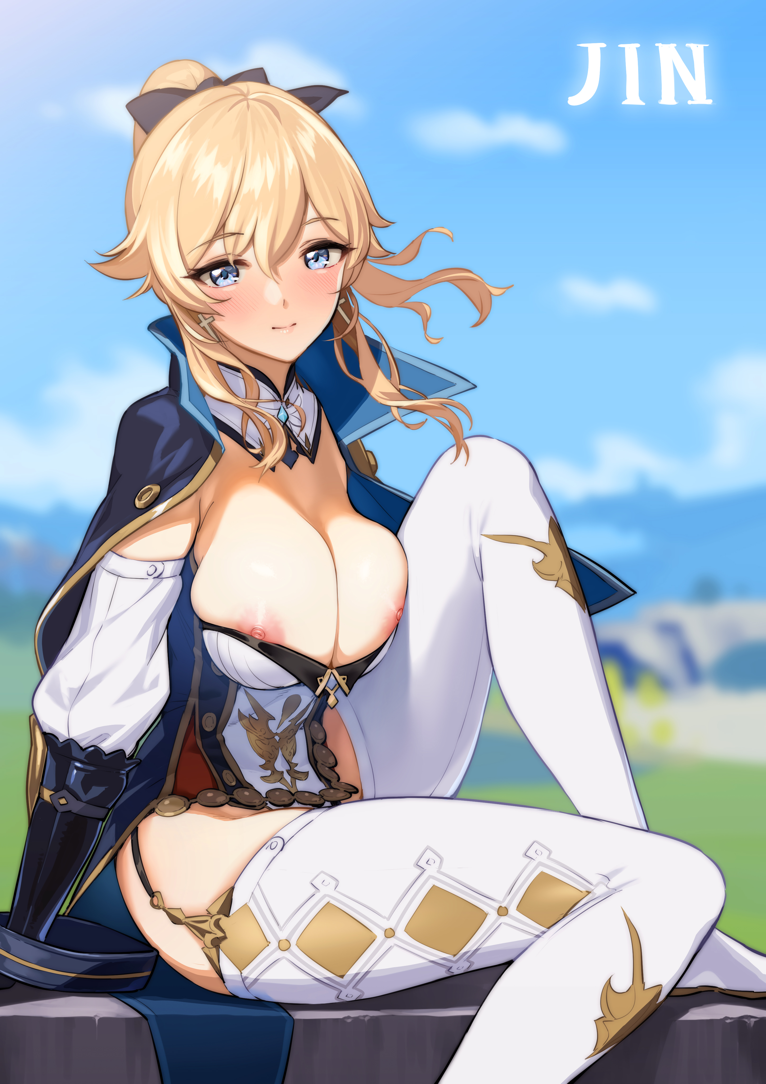 1girls, areolae, big breasts, blonde hair, blue eyes, boots, breasts, cleavage, clothed, clothed female, fantasy, female, female focus, female only, genshin impact, hair ornament, heel boots, highres, jean gunnhildr, large breasts, looking at viewer, medium hair, nipple slip, nipples, ogre (illustogre), outdoors, ponytail, skimpy clothes, smile, solo, solo female, video games, young