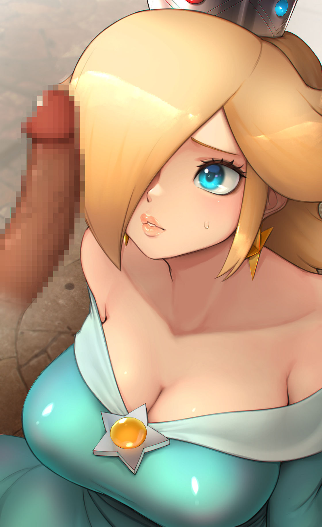 1boy, 1girls, 2020, asymmetrical hair, bangs, bare shoulders, blonde hair, blue dress, blue eyes, blunt bangs, breasts, censored, censored penis, cleavage, crown, earrings, erect penis, female, female focus, hair over one eye, hi res, high resolution, highres, hizake, human, jewelry, kashu (hizake), large breasts, long hair, looking at partner, looking at penis, male, mario (series), mosaic censoring, nervous, nintendo, parted bangs, penis, princess rosalina, shiny hair, super mario galaxy, sweat, sweatdrop, uncomfortable