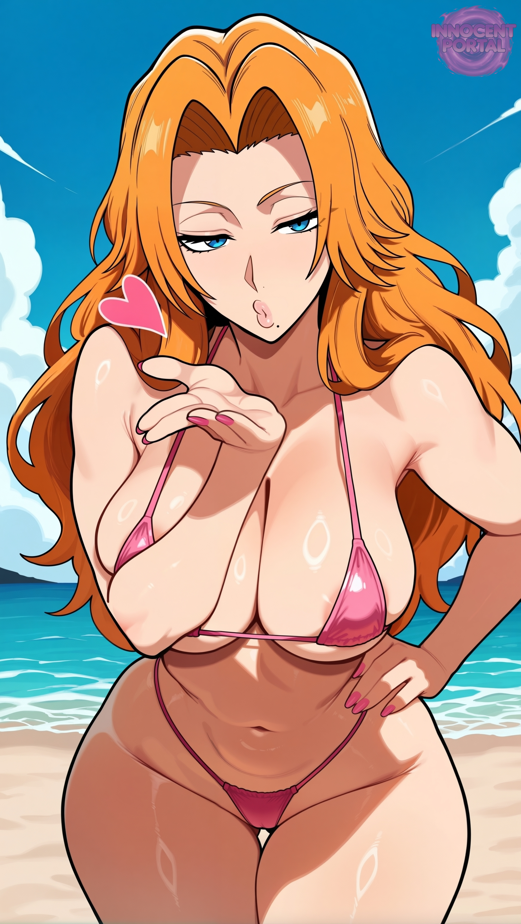 1girl, ai generated, areola slip, beach, big breasts, bikini, bikini thong, bleach, bleach brave souls, bleach: sennen kessen-hen, bleach: the thousand-year blood war, blowing kiss, blue eyes, breasts, busty, busty female, cameltoe, cleavage, fanart, female, female focus, female only, hand on hip, heart, jorgecarlosai, kiss, leaning, leaning forward, long hair, matsumoto rangiku, mature, mature female, micro bikini, microbikini, mole, mole on face, mole under mouth, orange hair, pink bikini, rangiku matsumoto, sand, sexy, sexy body, sexy female, sexy pose, thong, toned, water, watermark