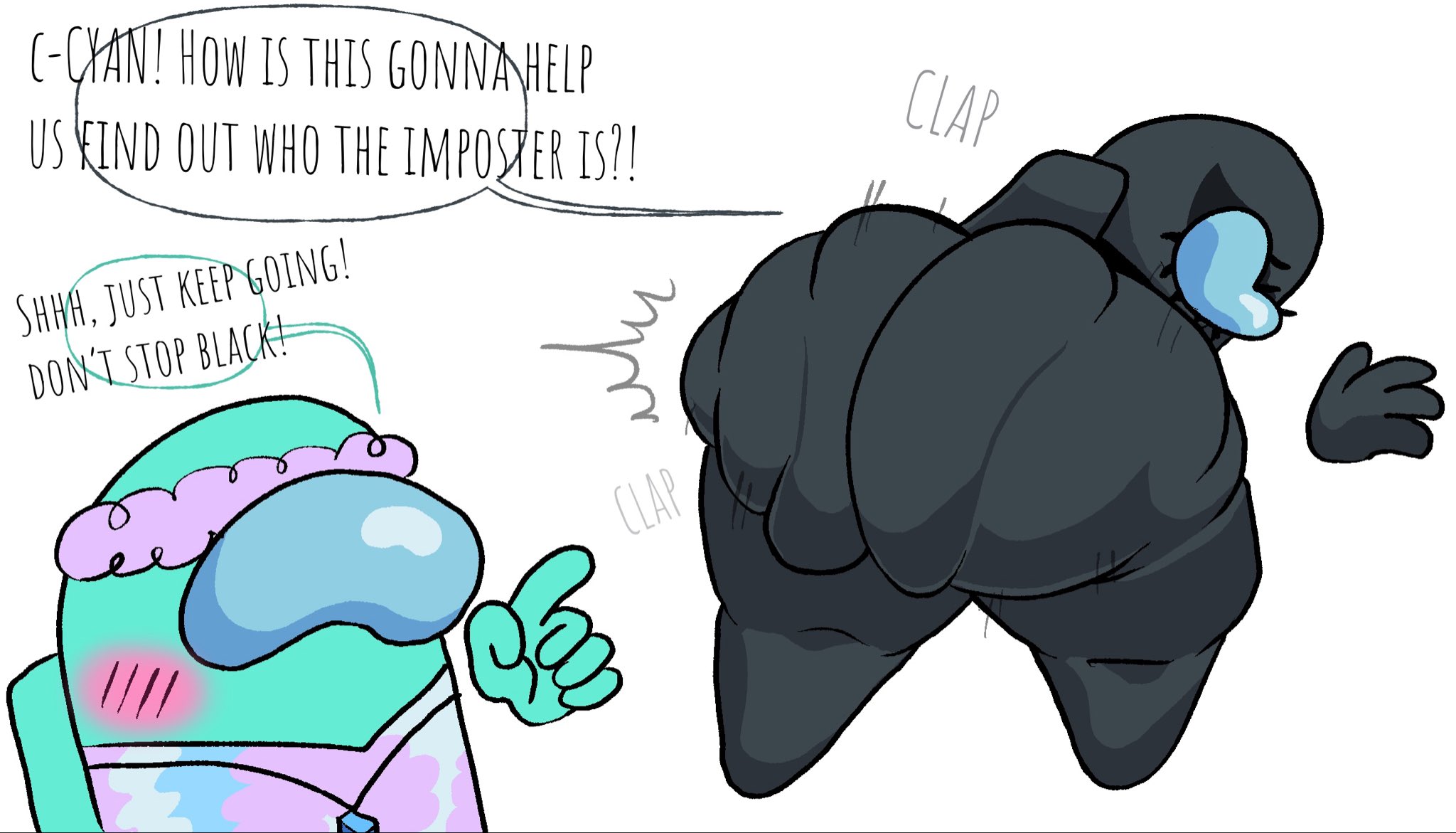 among us, among us (series), ass clap, big ass, black (among us), clapping ass, cyan (among us), dialogue, fat ass, onomatopoeia, strawberrymilkshake, tagme, text, yelling, yelling at another