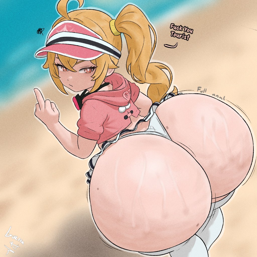 alternate costume, ass, ass focus, big ass, blonde hair, female, female only, flipping off, g-art, guerraart, hoyoverse, huge ass, light skin, light-skinned female, luciana de montefio, mihoyo, mihoyo technology (shanghai) co. ltd., solo, zenless zone zero