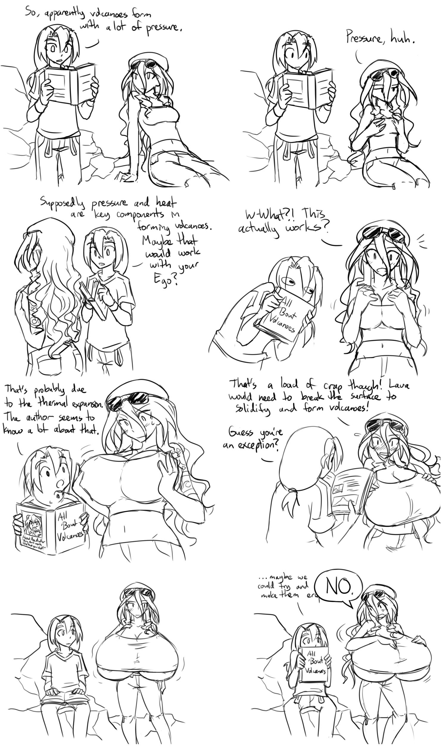 bare midriff, big breasts, blush, breast expansion, breast growth, breast growth (enlargement), breasts, breasts bigger than head, female, huge breasts, line art, long hair, matsu-sensei, original character, pressing breasts together, speech bubble, sunglasses on head, tagme, uncolored, underboob