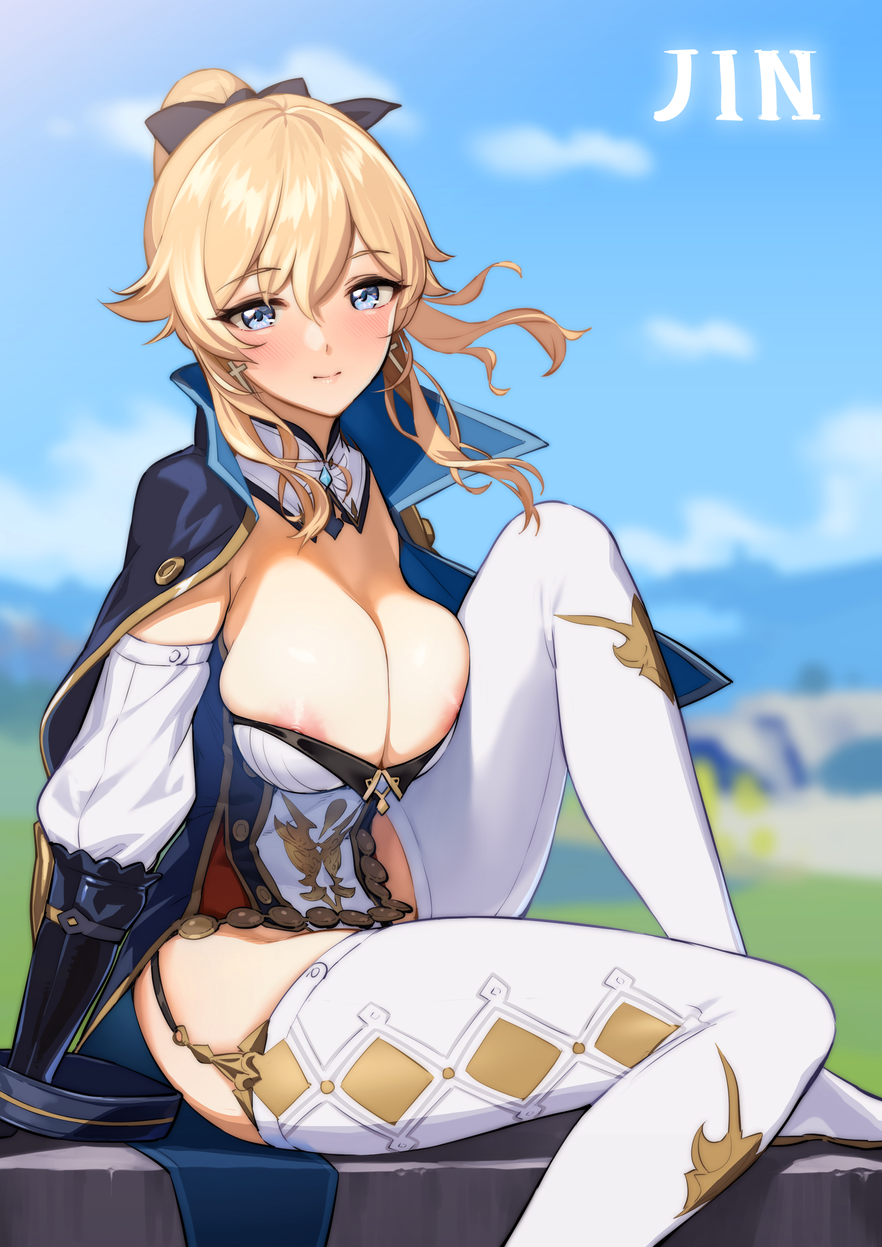 1girls, areola slip, areolae, big breasts, blonde hair, blue eyes, boots, breasts, cleavage, clothed, clothed female, fantasy, female, female focus, female only, genshin impact, hair ornament, heel boots, highres, jean gunnhildr, large breasts, looking at viewer, medium hair, ogre (illustogre), outdoors, ponytail, skimpy clothes, smile, solo, solo female, video games, young