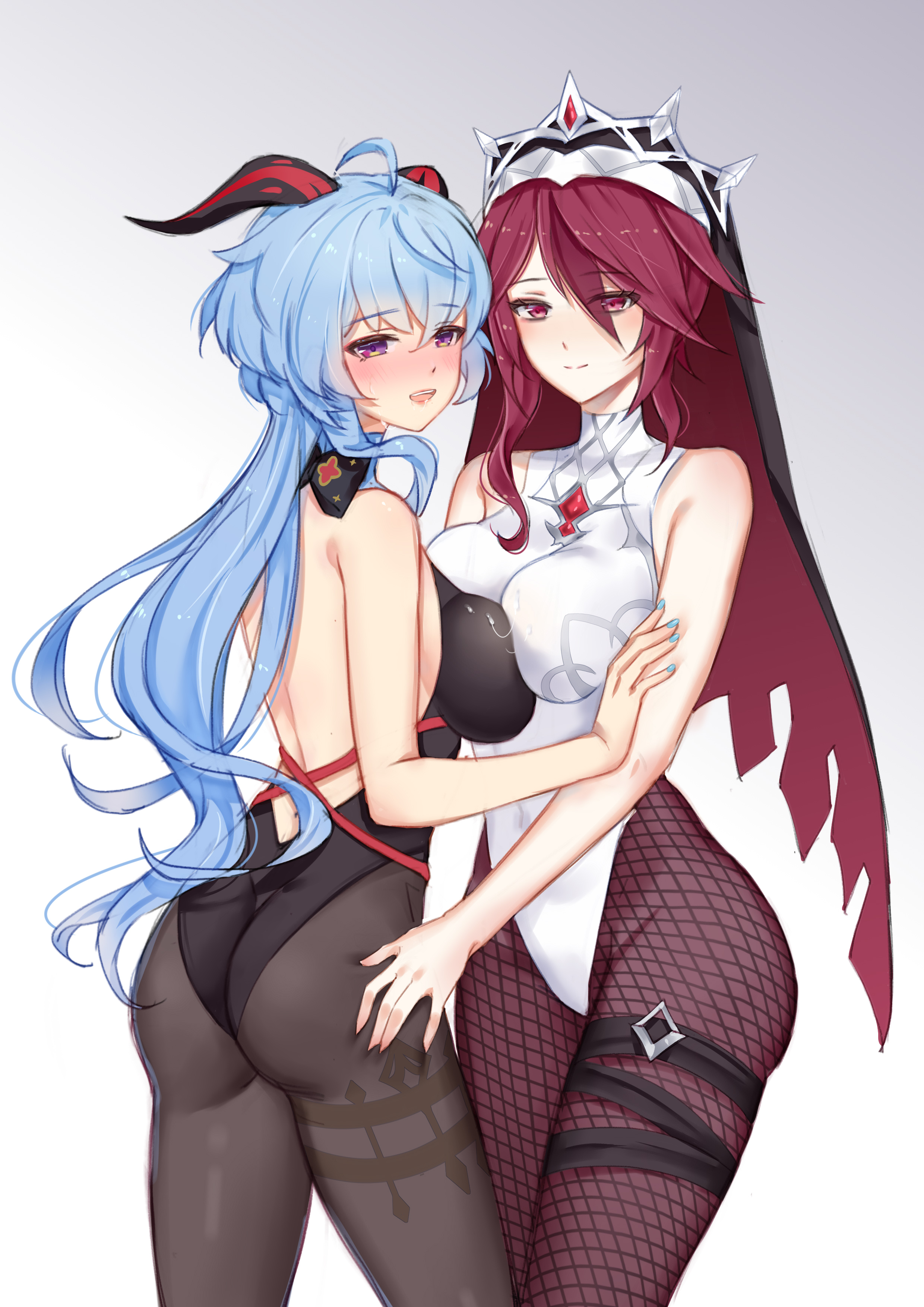 2girls, aqua hair, ass, big ass, big butt, blue fingernails, blush, breasts, daidai, female, fishnet, fishnet stockings, ganyu (genshin impact), genshin impact, hand on ass, horns, large breasts, magenta eyes, magenta hair, multiple females, multiple girls, nun, nun's habit, pantyhose, red eyes, red hair, rosaria (genshin impact), short hair, smile, tagme, tiara, very long hair, wide hips
