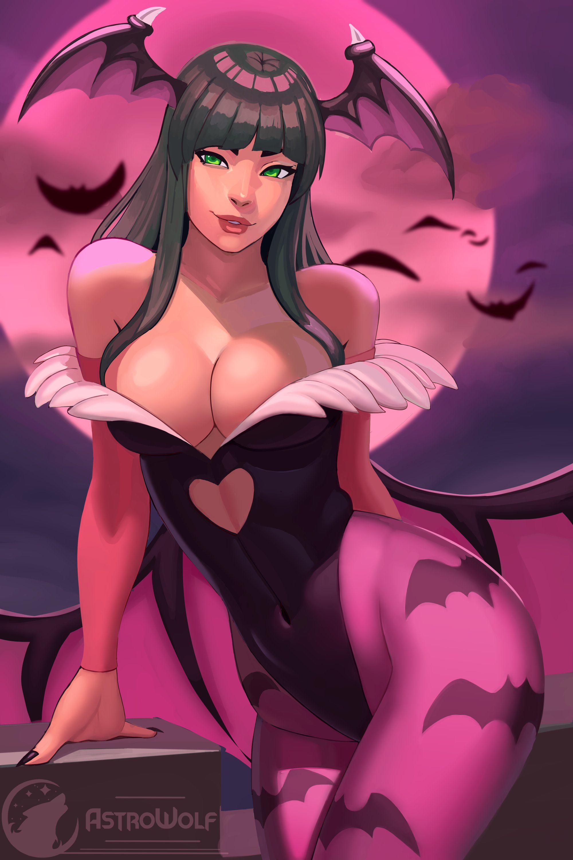 1girls, arm gloves, artist name, asrowolf, bangs, bat print, bat wings, black nails, breasts, capcom, cleavage, clothing, darkstalkers, demon, demon wings, female, female only, green eyes, green hair, head wings, heart shape, leaning on hand, leotard, long hair, looking at viewer, morrigan aensland, pantyhose, pink pantyhose, small breasts, solo, solo female, solo focus, succubus, very high resolution, wide hips, wings
