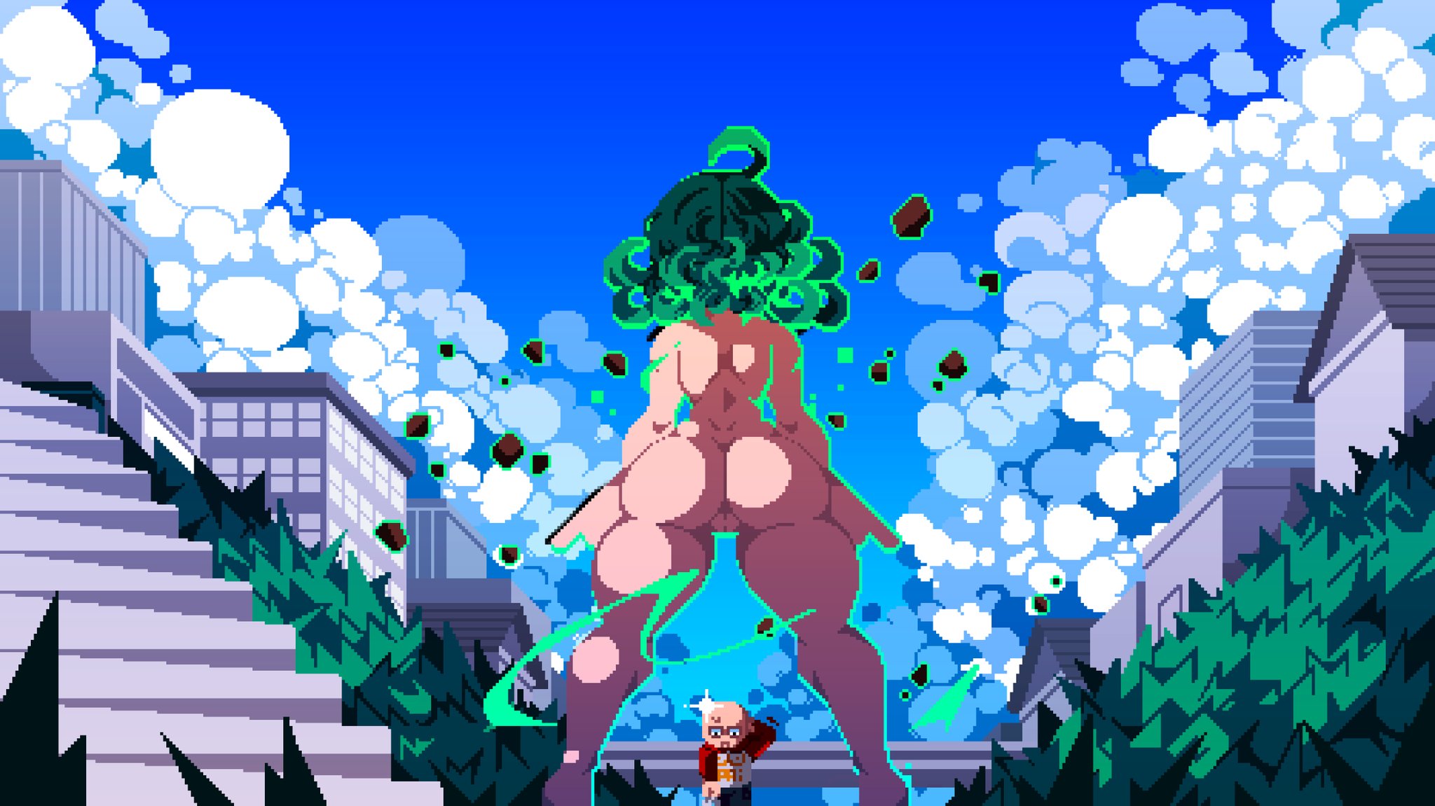 1boy, 1girls, artist name, ass, back view, barefoot, clothed, color, completely nude, completely nude female, duo, female, full body, green eyes, green hair, height difference, hips, looking at another, male, naked, naked female, nude, nude female, one-punch man, outdoors, pixel art, saitama, tagme, tamaco, tatsumaki, thick thighs, thighs, white outline, wide hips, wind
