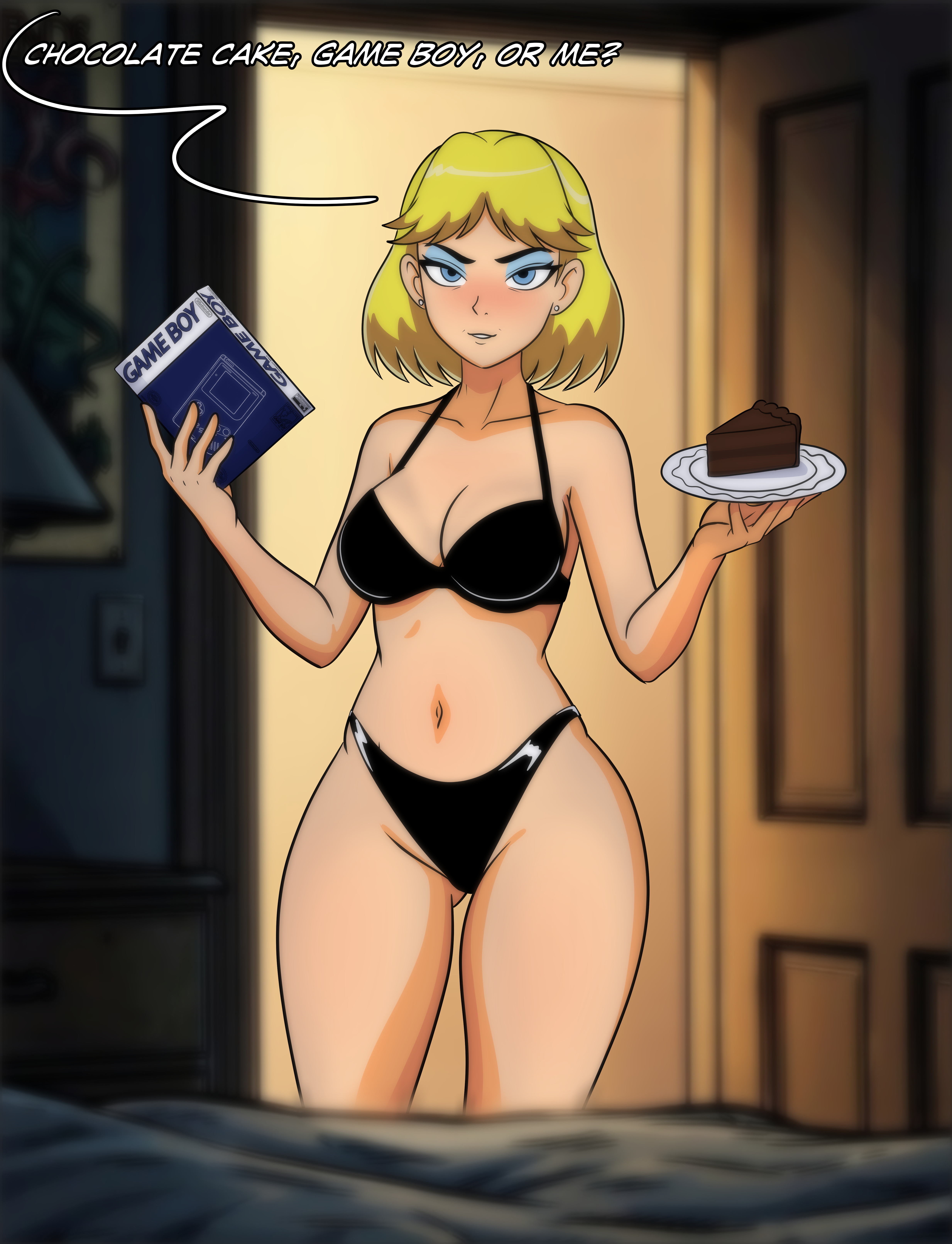 1girls, bare shoulders, bikini, black bikini, black panties, blonde female, blonde hair, blue eyes, blue eyeshadow, blush, breasts, cake, chocolate cake gameboy and me, cleavage, eyeshadow, female, female focus, female only, front view, game boy, holding object, indoors, light skin, light-skinned female, looking at viewer, milf, nickelodeon, nicktoons, panties, rita loud, short hair, solo, solo female, solo focus, standing, talking to viewer, the loud house, valker