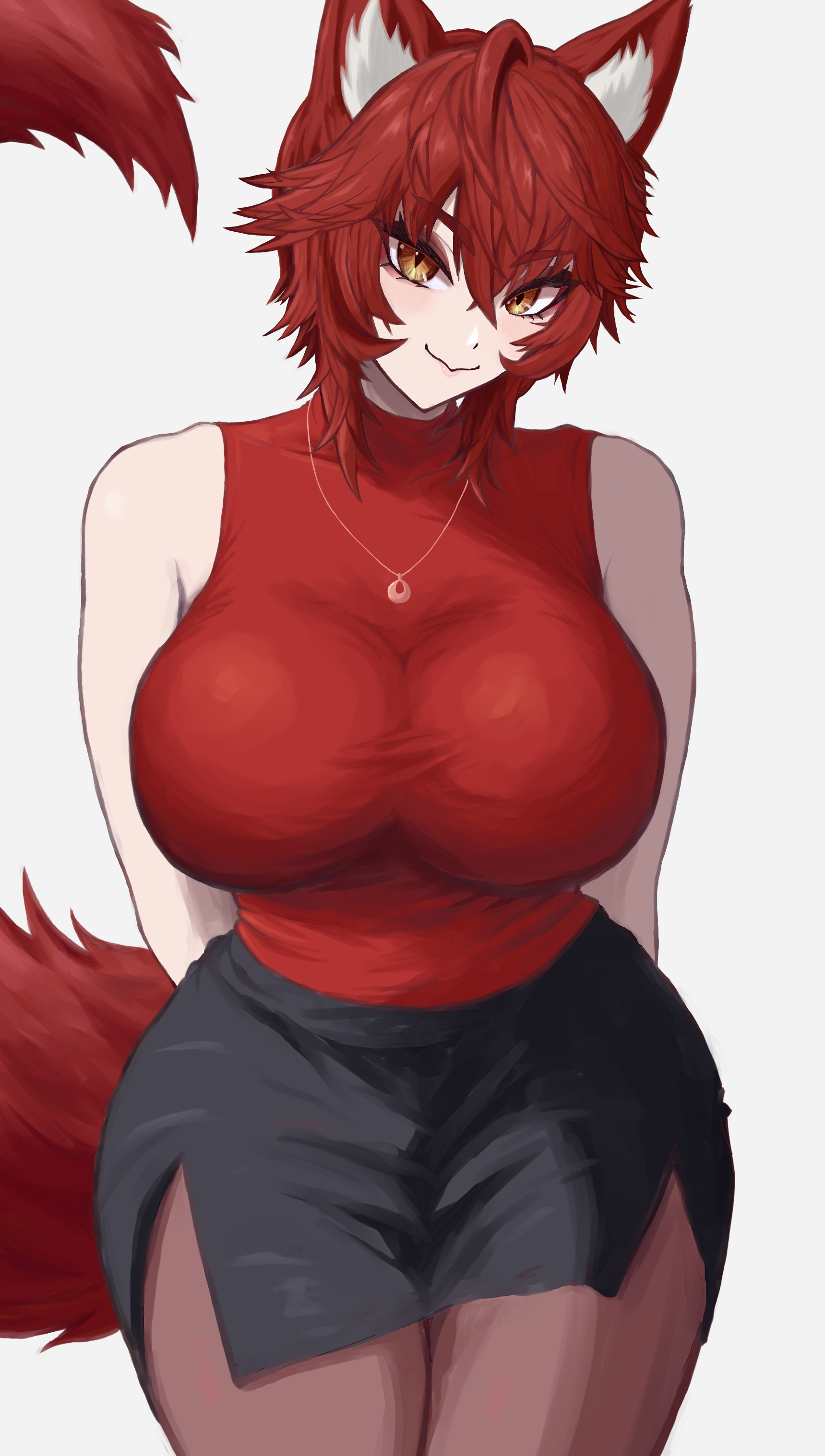 1girl, absurdres, alternate costume, alternate hair length (shorter), animal ears, breasts, closed mouth, commentary, crossed arms, highres, huge breasts, jewelry, looking at viewer, meibin, necklace, pantyhose, pencil skirt, red hair, red shirt, shirt, short hair, skirt, sleeveless, sleeveless turtleneck, smile, socks agency, solo, streaming, tail, turtleneck, twitch, twitch streamer, twitch.tv, twitter, virtual youtuber, white background, wolf ears, wolf girl, wolf tail, yellow eyes, youtube, youtuber, zentreya