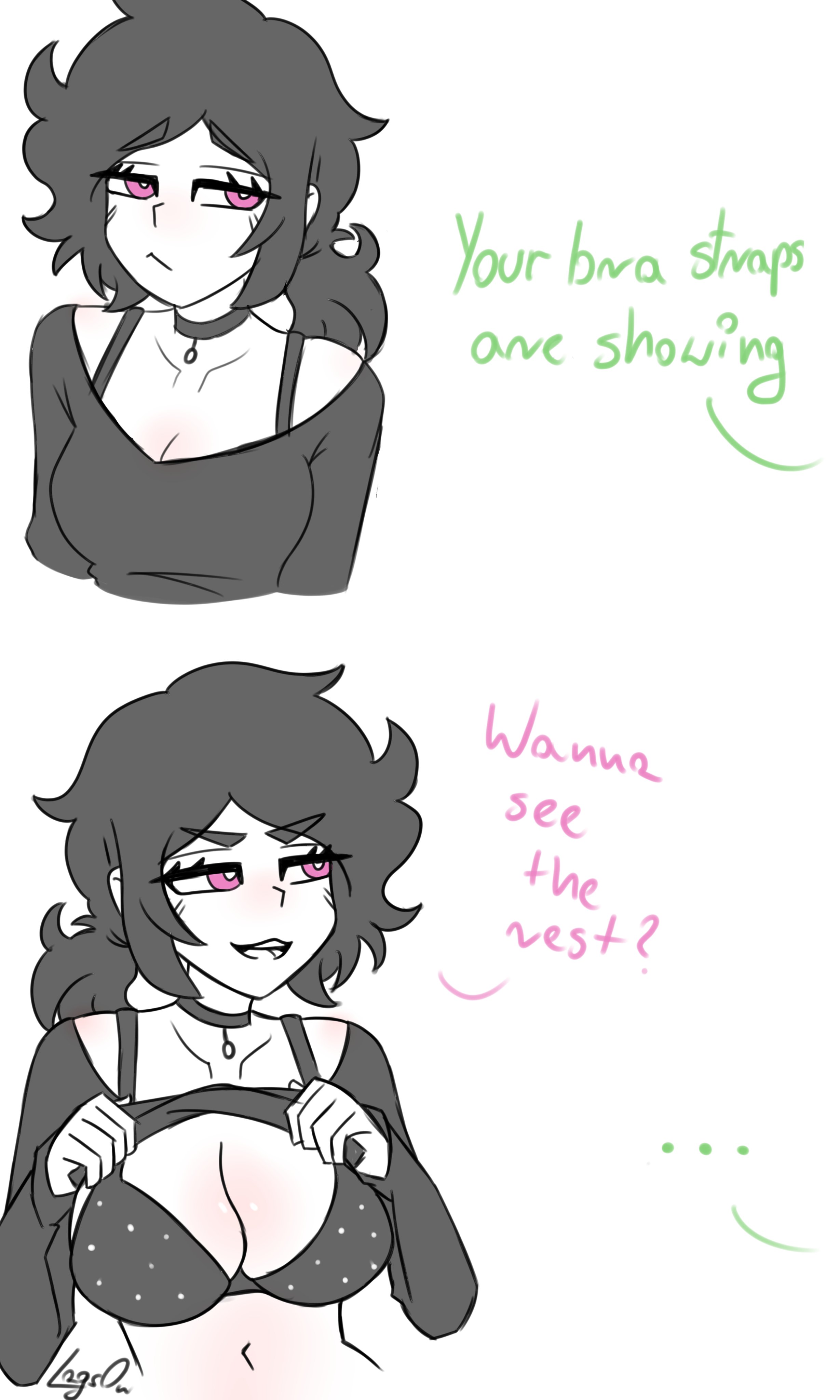 1girls, 2d, andrew graves, ashley graves, black hair, bra, bra strap is showing (meme), breasts, brother and sister, choker, clavicle, cleavage, clothing, collar, collarbone, dialogue, english text, female, female focus, flashing, flashing bra, flashing breasts, incest, lagsoff, lagson, meme, navel, offscreen character, open mouth, pink eyes, polka dot, polka dot bra, ponytail, shirt, shirt lift, siblings, the coffin of andy and leyley