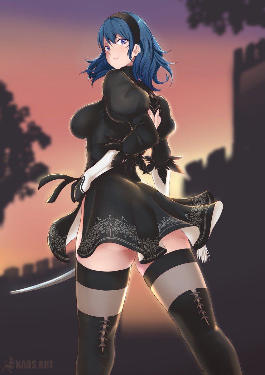 1girls, alternate costume, back view, bare thighs, blue eyes, breasts, byleth (fire emblem), byleth (fire emblem) (female), cosplay, dress, female, fire emblem, fire emblem: three houses, kaos art, large breasts, looking back, medium hair, nier, nier: automata, nintendo, solo, sword, teal hair, thighhighs, yorha 2b (cosplay)