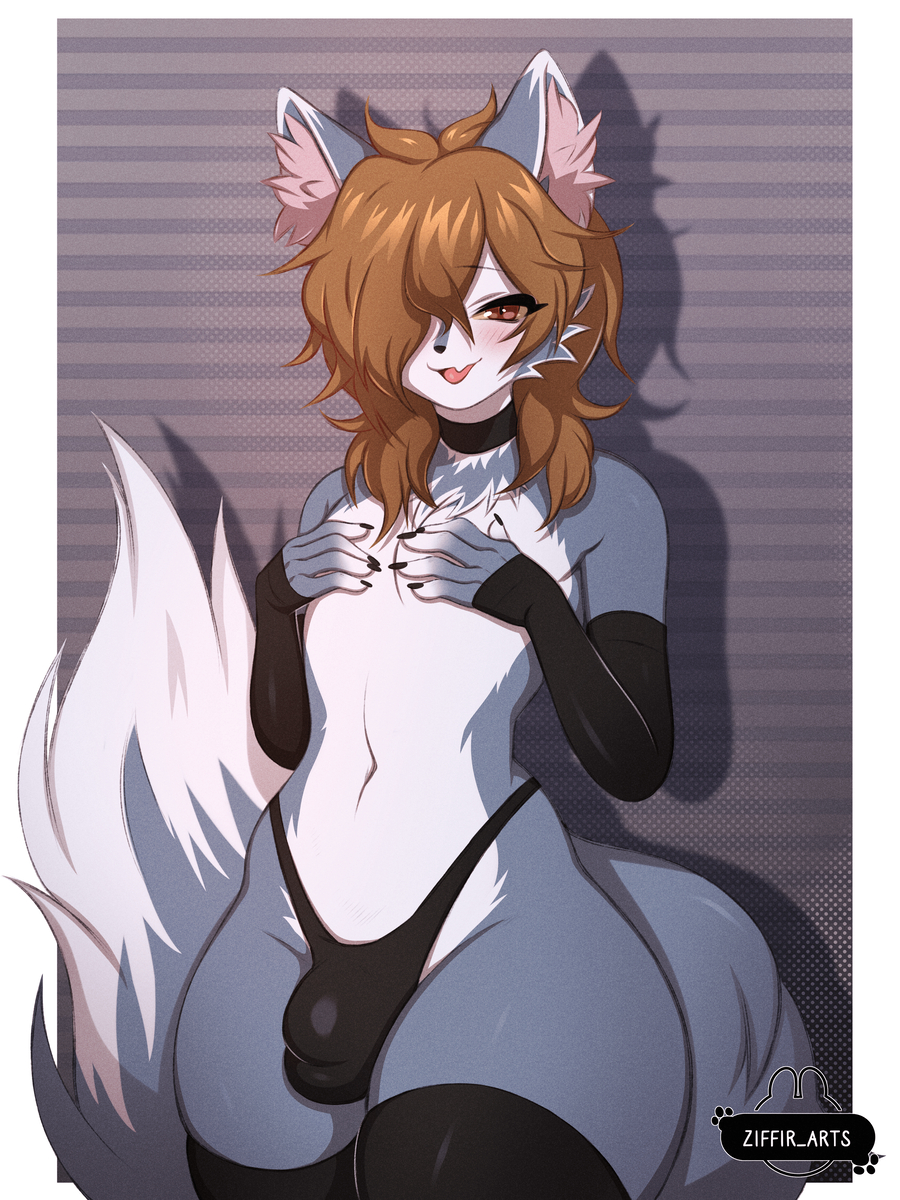 1boy, arm gloves, blush, blushing, brown eyes, brown hair, bulge, choker, covering chest, covering nipples, femboy, furry, grey fur, male, male only, show by rock!!, solo, solo male, thigh highs, thigh socks, thighhighs, thong, wolf, wolf ears, wolf tail