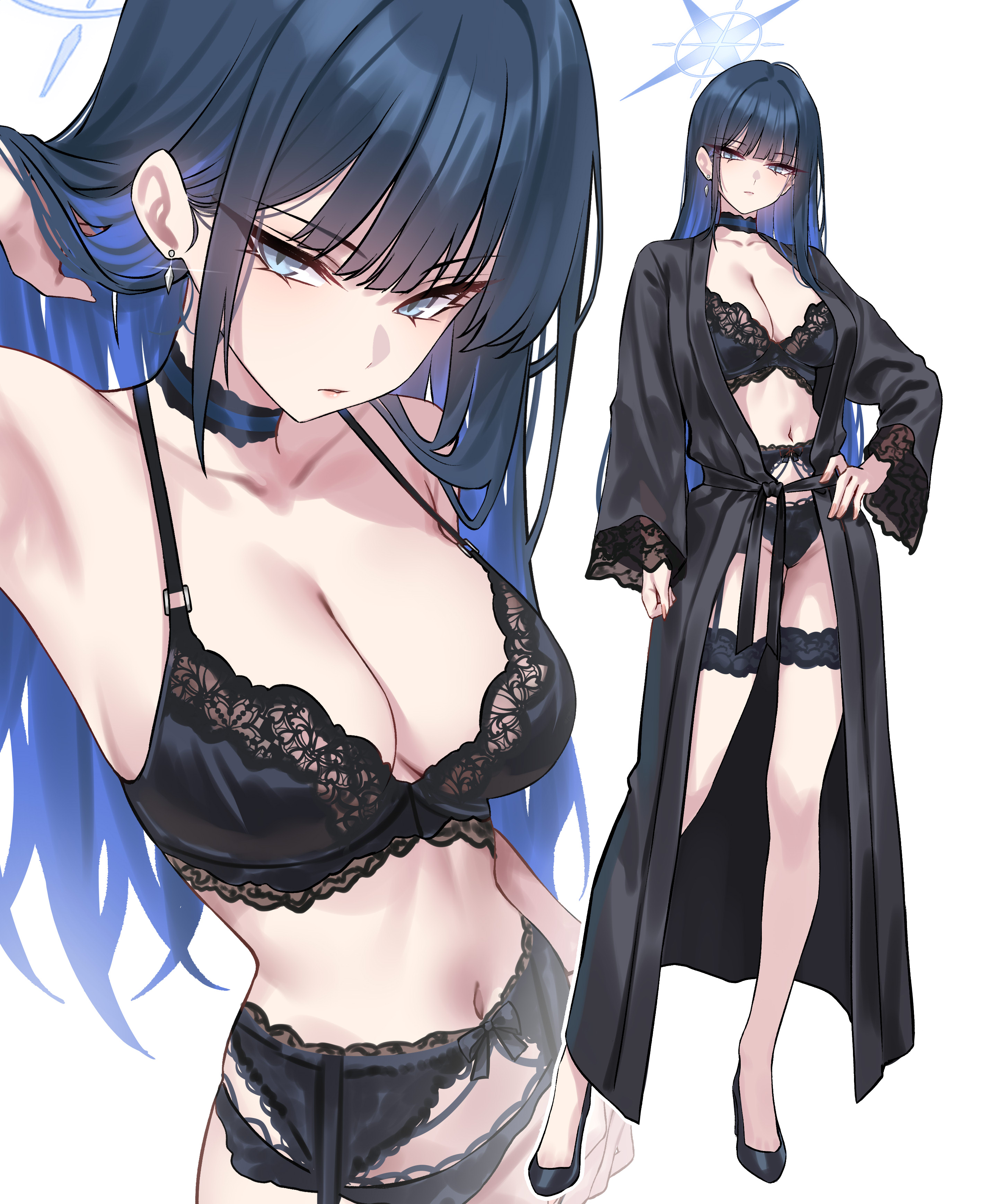1girl, arius squad (blue archive), blue archive, blue eyes, earrings, garterbelt, halo, lingerie, long hair, saori (blue archive), shigure s, solo, solo female, underwear