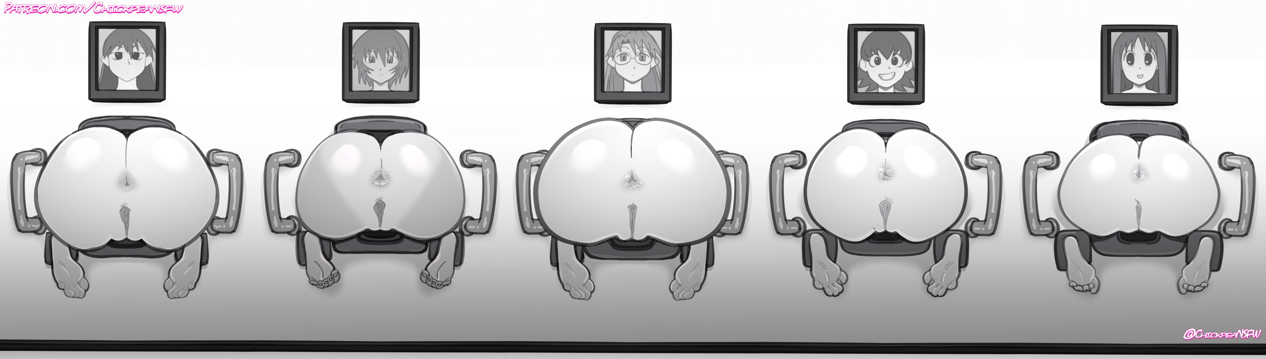 5girls, anus, anus focus, azumanga daiou, chickpea, curled toes, feet, free use, glasses, handlebars, kagura (azumanga daiou), koyomi mizuhara, lined up, monochrome, osaka ayumu kasuga, pussy, pussy focus, sakaki, stuck in wall, tanlines, through wall, tomo takino, wall
