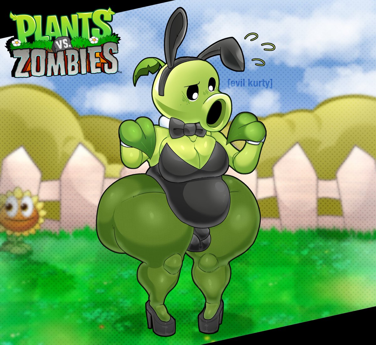 1boy, accurate art style, anthro, bulge, bunnysuit, electronic arts, evilkurtyart, eyes emoji, gay, male, male focus, male only, meme in the background, peashooter (pvz), plants vs zombies, plants vs zombies 2: it's about time, playboy bunny, popcap games, sunflower (pvz), tagme