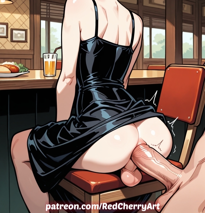ai generated, anal, anal penetration, androgynous, ass, balls, big penis, cafe, crossdressing, dress, femboy, feminine male, huge cock, male, no panties, otoko no ko, penis in ass, redcherryart, restaurant, sissy, sitting, testicles, trap, yaoi