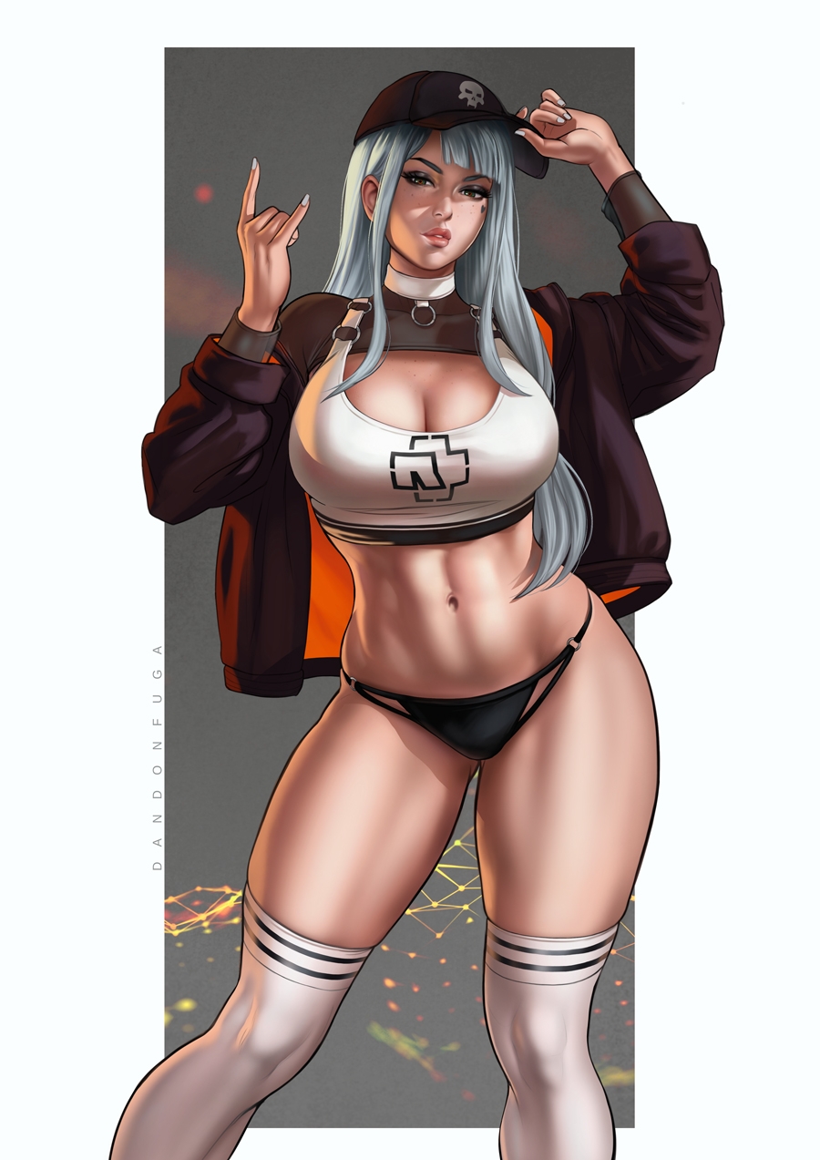 1girls, abs, bangs, bare midriff, big breasts, breasts, cap, child bearing hips, choker, cleavage, crop top, dandon fuga, female, freckles, grey hair, heart tattoo, jacket, long hair, looking at viewer, miss salty (dandonfuga), oc, original, original character, panties, posing, tattoo, thick, thick thighs, thighhighs, thighs, wide hips