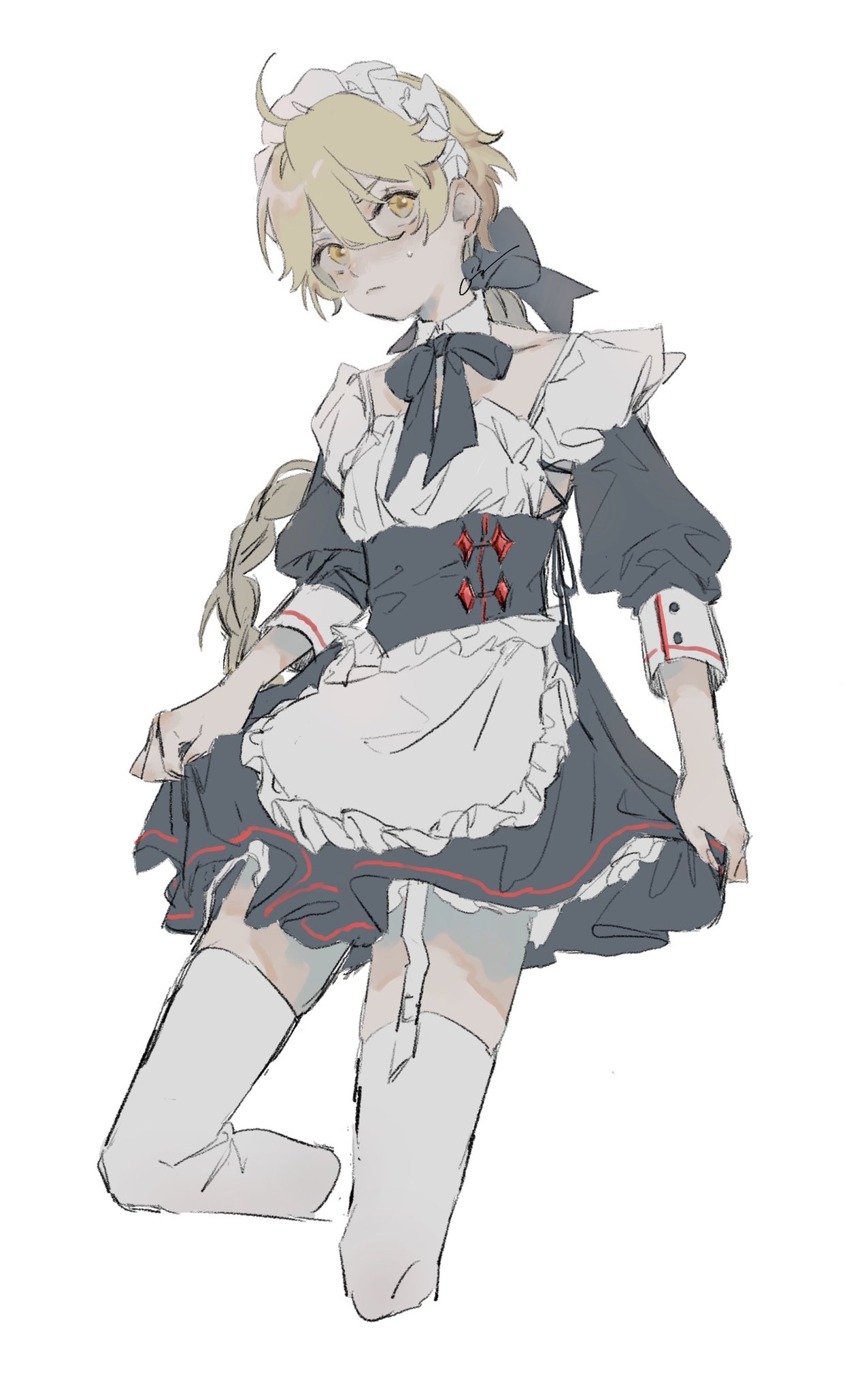 1boy, aether (genshin impact), blonde hair, crossdressing, femboy, gay, genshin impact, gold eyes, long hair, maid headdress, maid uniform, male, male only, solo, stockings, white skin