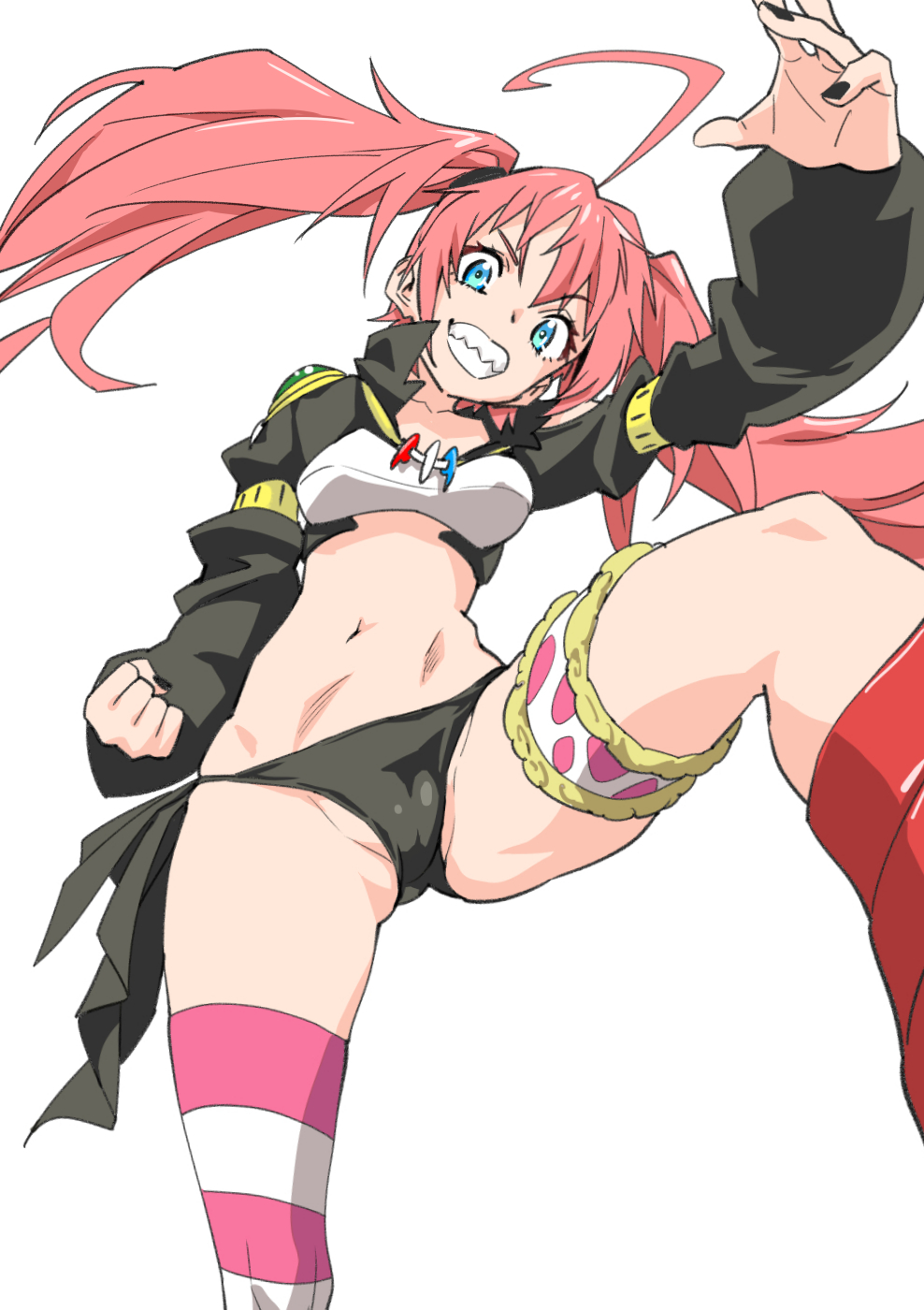 10s 1girls ahoge black_nails black_panties blue_eyes clenched_teeth curvy female female_only grin hassystants highres long_hair long_sleeves looking_at_viewer milim_nava nail_polish panties partially_visible_vulva pink_hair sharp_teeth shiny shiny_skin shrug_(clothing) single_thighhigh smile solo striped striped_legwear teeth tensei_shitara_slime_datta_ken thigh_strap thighhighs thighs twintails underwear very_long_hair