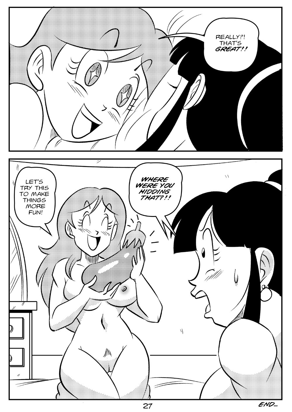 2girls chichi comic dragon_ball dragon_ball_z dragon_ball_z:_kakarot eggplant english_text female female_only funsexydragonball huge_breasts kooky_cook_(dragon_ball) master_and_student milf multiple_girls nude nude_female page_27 shounen_jump star-shaped_pupils vegetable yuri