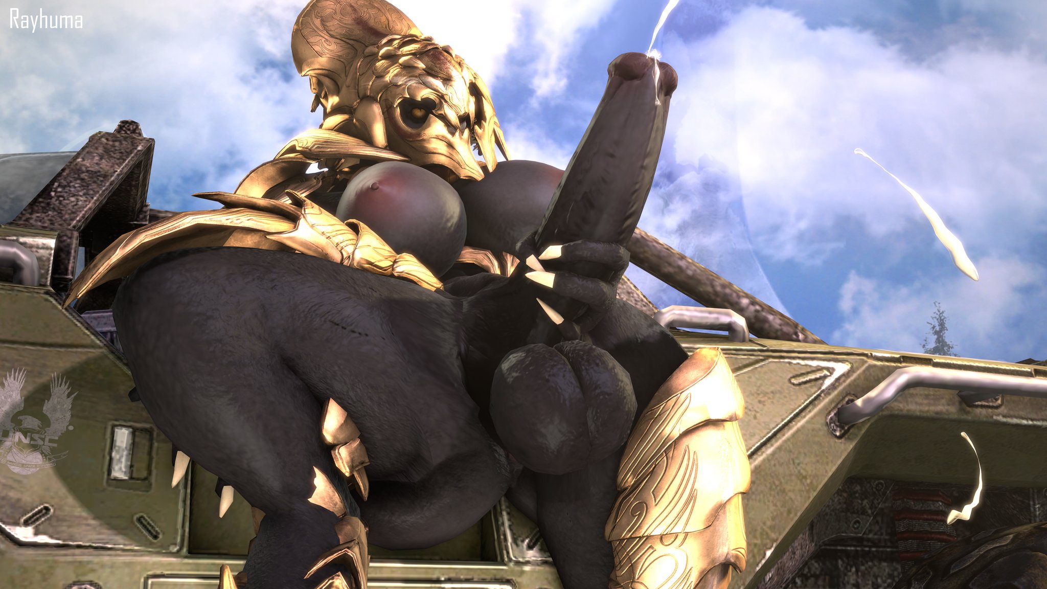 1futa, 3d, abs, alien, arbiter (halo), areolae, armor, balls, big balls, big breasts, big penis, breasts, cleavage, cum, cum drip, cum dripping from penis, cumshot, ejaculation, futa only, futanari, halo (game), halo (series), hand on penis, helmet, intersex, large breasts, large penis, masturbation, nipples, no humans, orgasm, penis, rayhuma, sangheili, sfm, sharp fingernails, sharp teeth, solo, solo futa, source filmmaker, teeth, ter'ssa, thick, thick thighs, thighs, vehicle, watermark, yellow eyes
