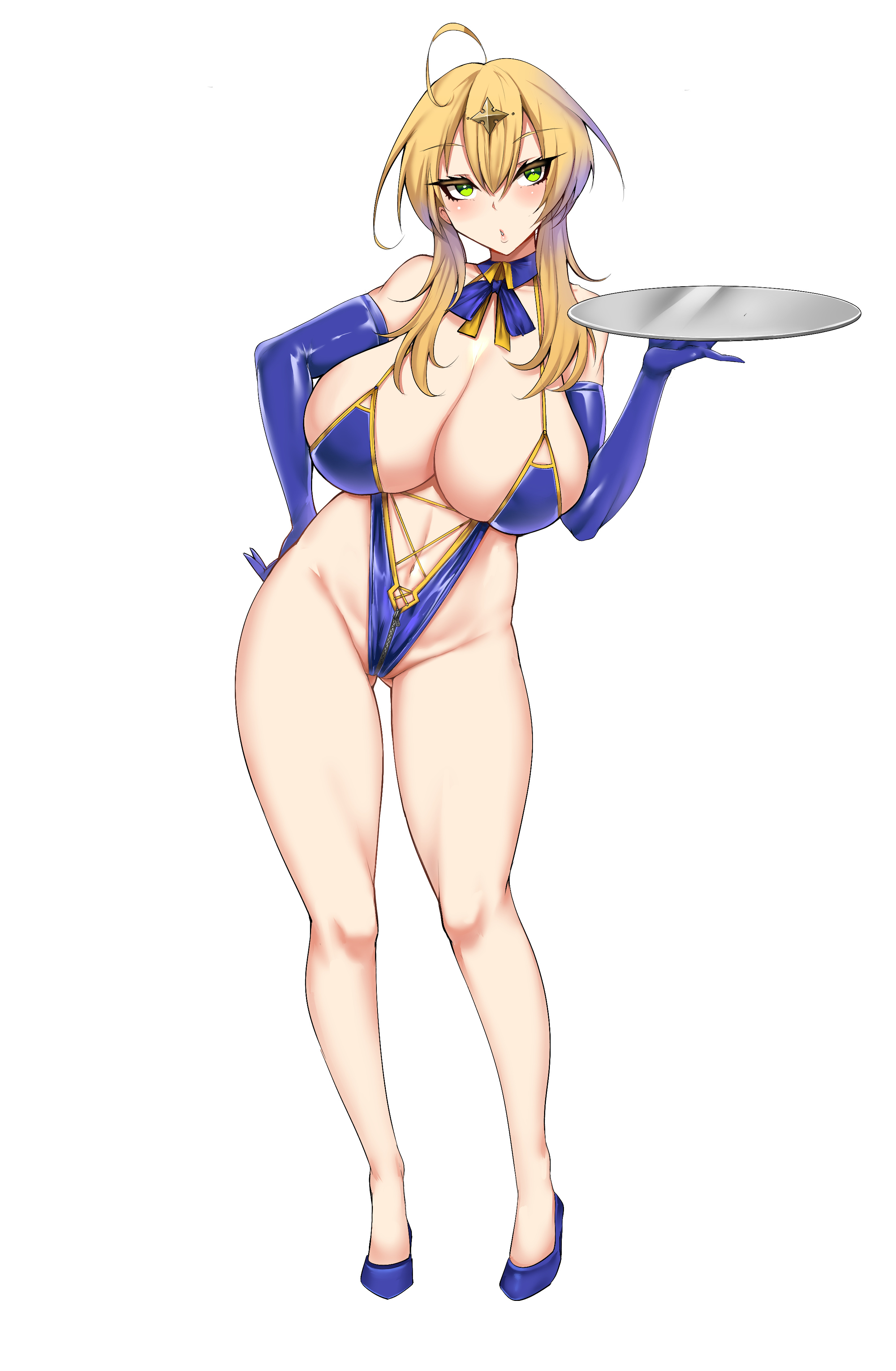 1girls, absurdres, ahoge, artoria pendragon, artoria pendragon (lancer), bangs, big breasts, blonde hair, blue footwear, blue gloves, blue swimsuit, blush, bow, bowtie, breasts, detached collar, elbow gloves, fate (series), fate/grand order, female, female only, funaya (a2brasd), gloves, green eyes, headpiece, highres, huge breasts, large breasts, looking at viewer, navel, one-piece swimsuit, short hair, short hair with long locks, simple background, solo, solo female, swimsuit, tray, white background
