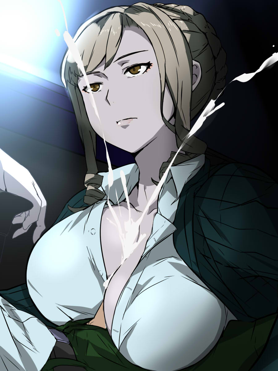 1boy, 1girls, alternate breast size, blazer, braid, breasts, brown eyes, cafekun, cleavage, collarbone, collared shirt, cum, cum between breasts, cum on body, cum on breasts, cum on upper body, dress shirt, drill hair, drill locks, ejaculation, ejaculation between breasts, expressionless, female, green pants, half-closed eyes, hataraku saibou, highres, jacket, large breasts, light brown hair, lips, male, paizuri, paizuri under clothes, pants, penis, regulatory t (hataraku saibou), shirt, source request, straight, unbuttoned, uncensored
