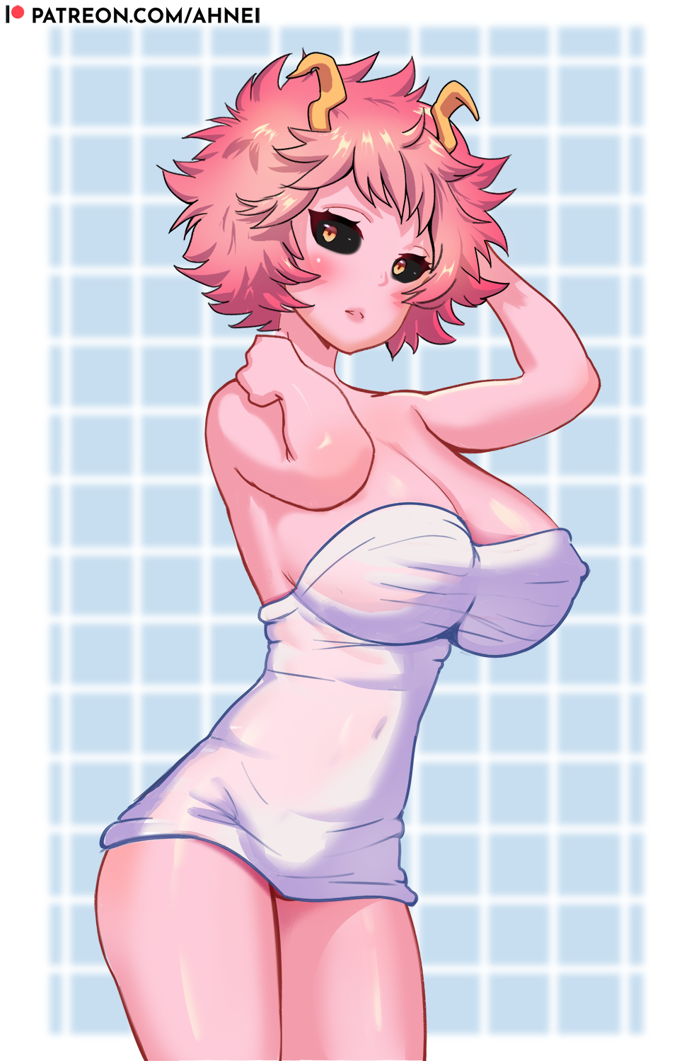 1girls ahnei big_breasts breasts cleavage female female_only large_breasts mina_ashido my_hero_academia pink_hair pink_skin solo