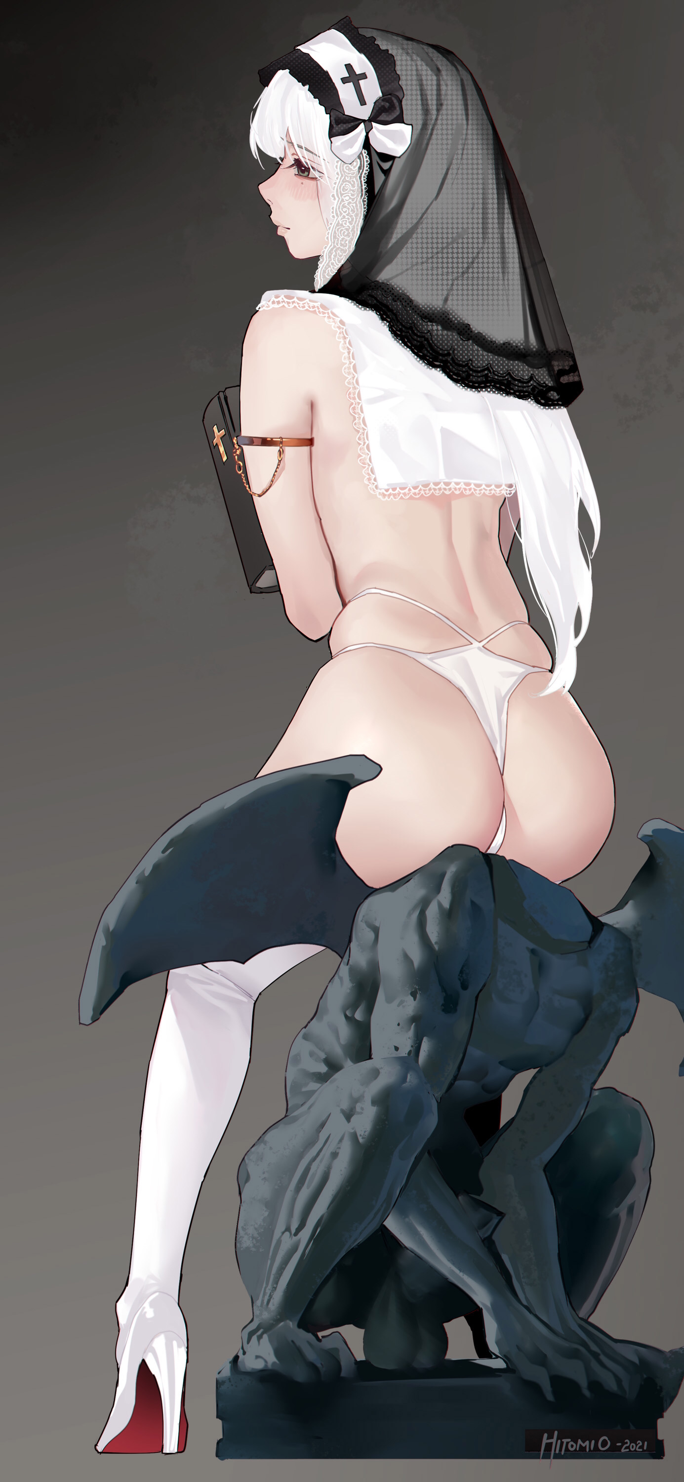 absurdres, armlet, artist name, ass, back, bangs, bible (object), black eyes, black ribbon, blush, book, boots, broken, closed mouth, commentary request, cross, dated, eyebrows visible through hair, eyes visible through hair, female, frilled hairband, frills, from behind, full body, hairband, headless, high heels, highres, hitomi o, holding, holding book, long hair, nun, original, panties, profile, ribbon, signature, simple background, sitting, solo, statue, straight hair, thigh boots, thighhighs, thong, topless, two-tone ribbon, underwear, underwear only, veil, white footwear, white hair, white hairband, white panties, white ribbon