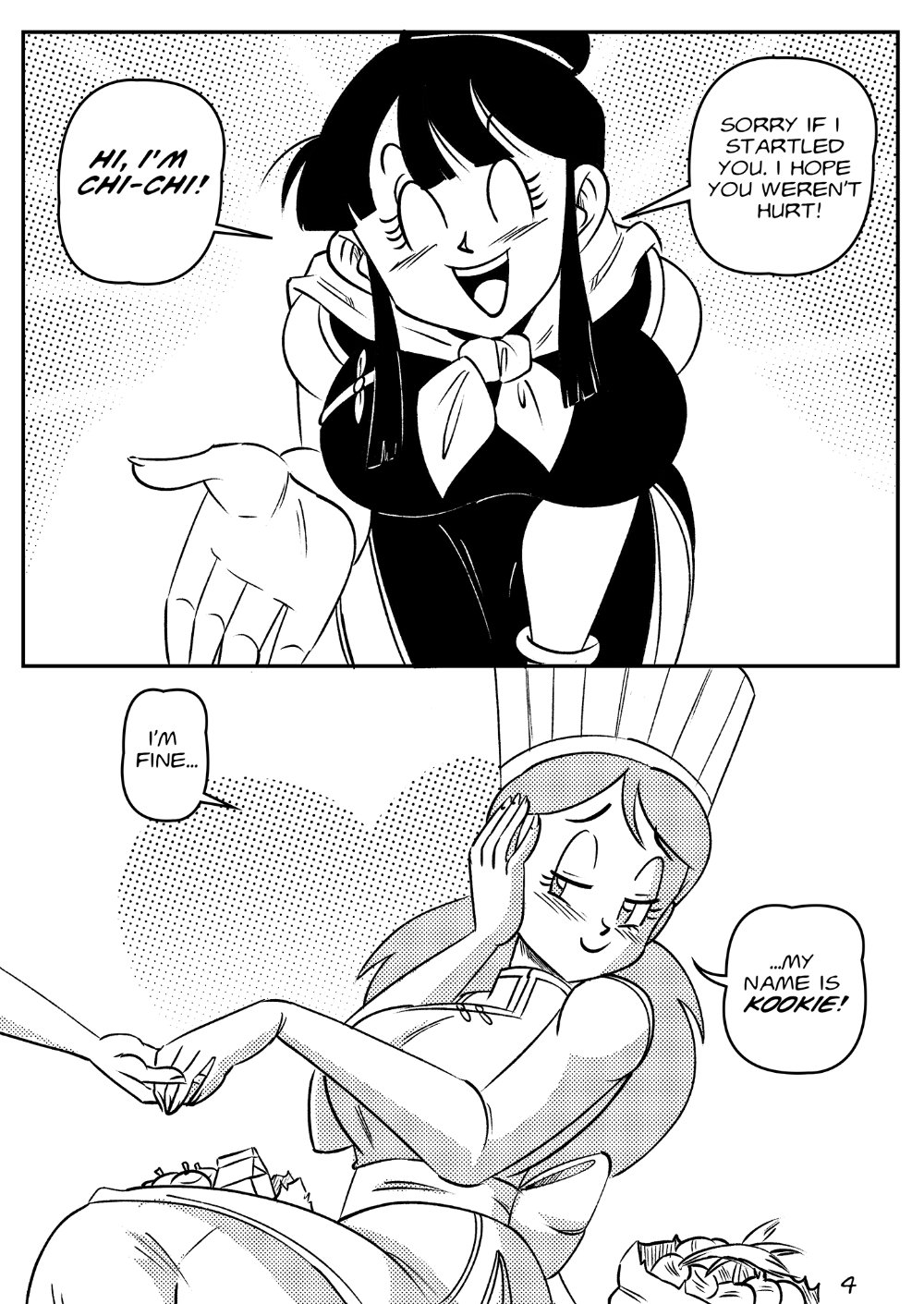 2girls chichi comic dragon_ball dragon_ball_z dragon_ball_z:_kakarot english_text fall_in_love female female_only funsexydragonball huge_breasts kooky_cook_(dragon_ball) master_and_student milf multiple_girls page_4 shounen_jump yuri