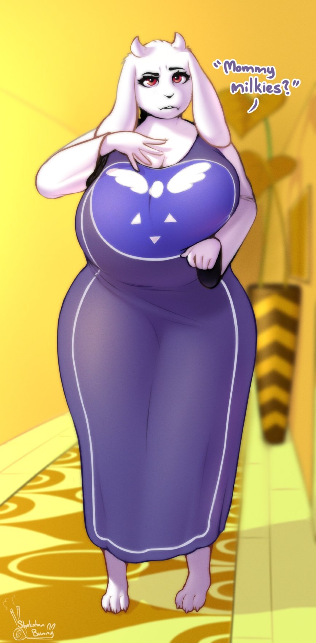 1girls, big breasts, big hips, bovid, breasts, caprine, clothed, clothing, confused, dialogue, english text, female, female only, fur, furry, furry only, goat, horn, huge breasts, large breasts, meme, mother, red eyes, shakotanbunny, solo, standing, tagme, text, thick thighs, toriel, undertale, undertale (series), white body, white fur