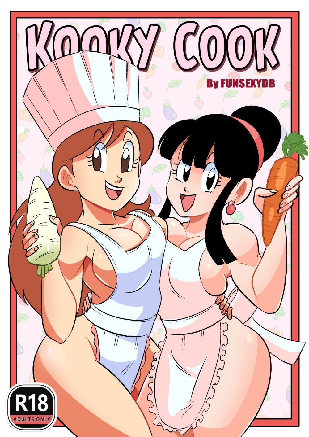 2girls apron breast_press carrot chef_hat chichi comic comic_cover dragon_ball dragon_ball_z dragon_ball_z:_kakarot female female_only funsexydragonball huge_breasts kooky_cook_(dragon_ball) master_and_student milf multiple_girls naked_apron radish shounen_jump yuri