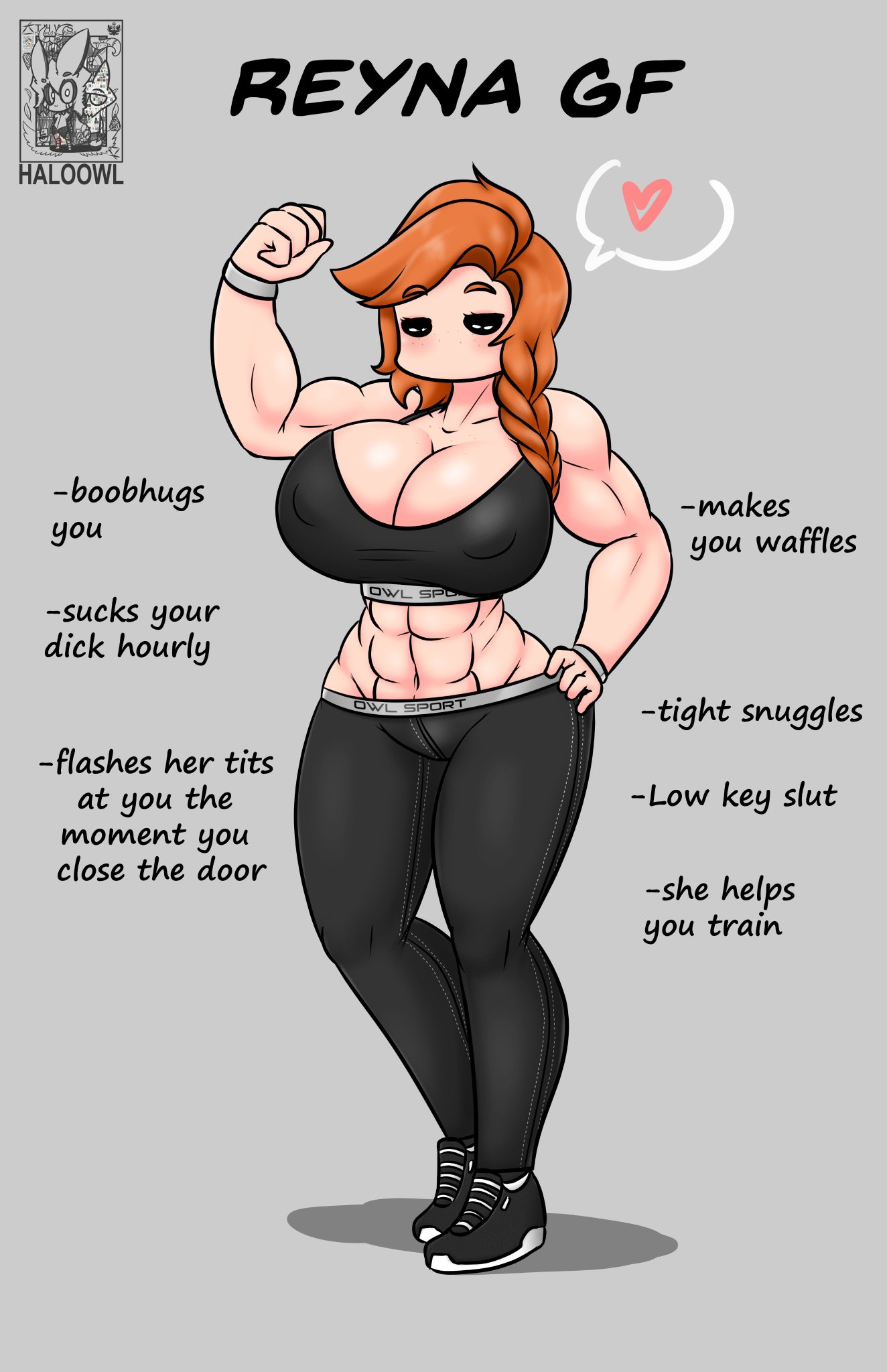 abs, big breasts, breast implants, breasts, female, female only, haloowl, huge breasts, ideal gf, implants (disambiguation), muscular, muscular female, nipples visible through clothing, orange hair, original character, ponytail, reyna (sleepywaffles), solo, solo female, solo focus, sports bra, sportswear, text