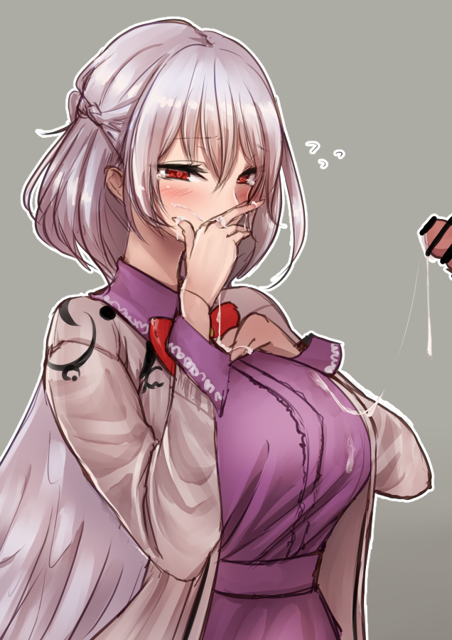 1boy after_fellatio akehi_yuki bangs bar_censor bow bowtie braid breasts brown_jacket censored covering_mouth cum cum_in_mouth cum_on_clothes dress eyebrows_visible_through_hair female french_braid grey_background grey_wings hair_between_eyes hand_on_own_chest jacket large_breasts long_sleeves penis purple_dress red_bow red_eyes red_neckwear sagume_kishin silver_hair simple_background single_wing touhou upper_body wings