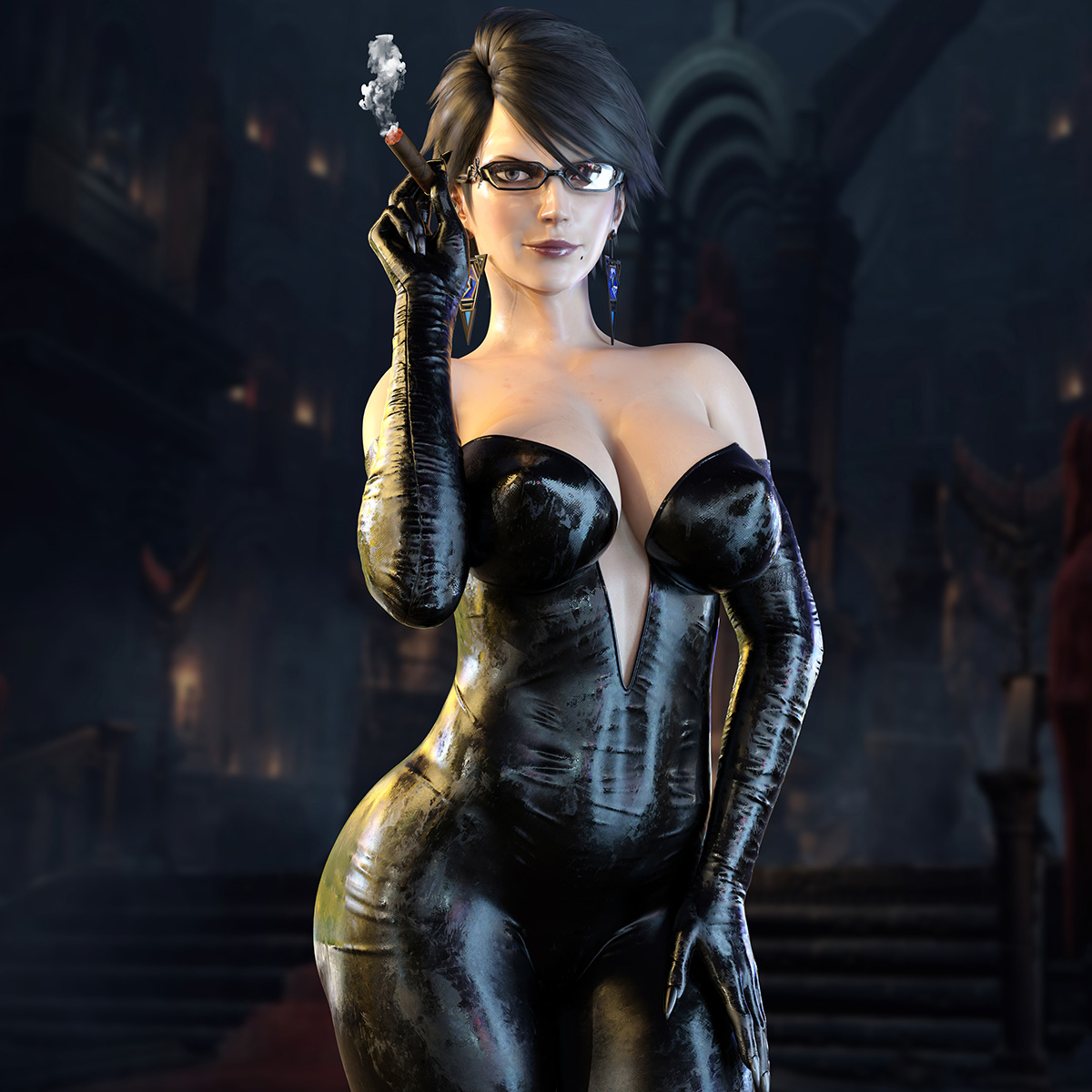 1girls, 3d, bayonetta, bayonetta (character), bayonetta 2, black hair, blue eyes, breasts, busty, female, female only, hourglass figure, nordfantasy, short hair, solo, solo female, tagme, wide hips