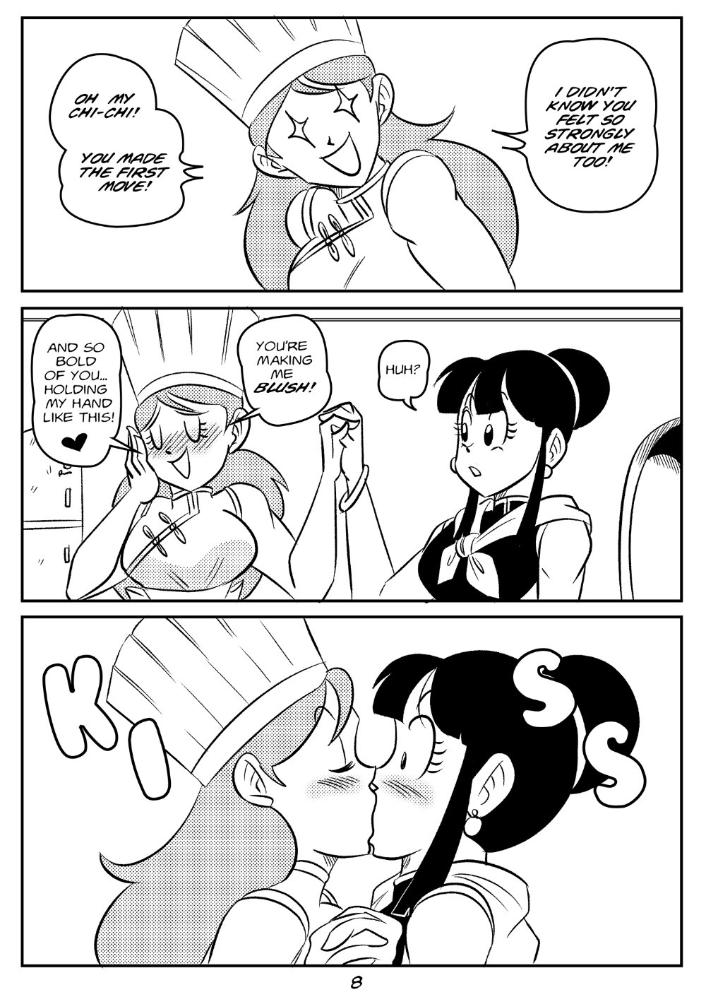 2girls, breasts, chichi, comic, dragon ball, dragon ball z, dragon ball z: kakarot, english text, female, female only, funsexydragonball, holding, holding hands, huge breasts, kissing, kooky cook (dragon ball), master and student, milf, multiple females, multiple girls, page 8, shounen jump, star eyes, yuri