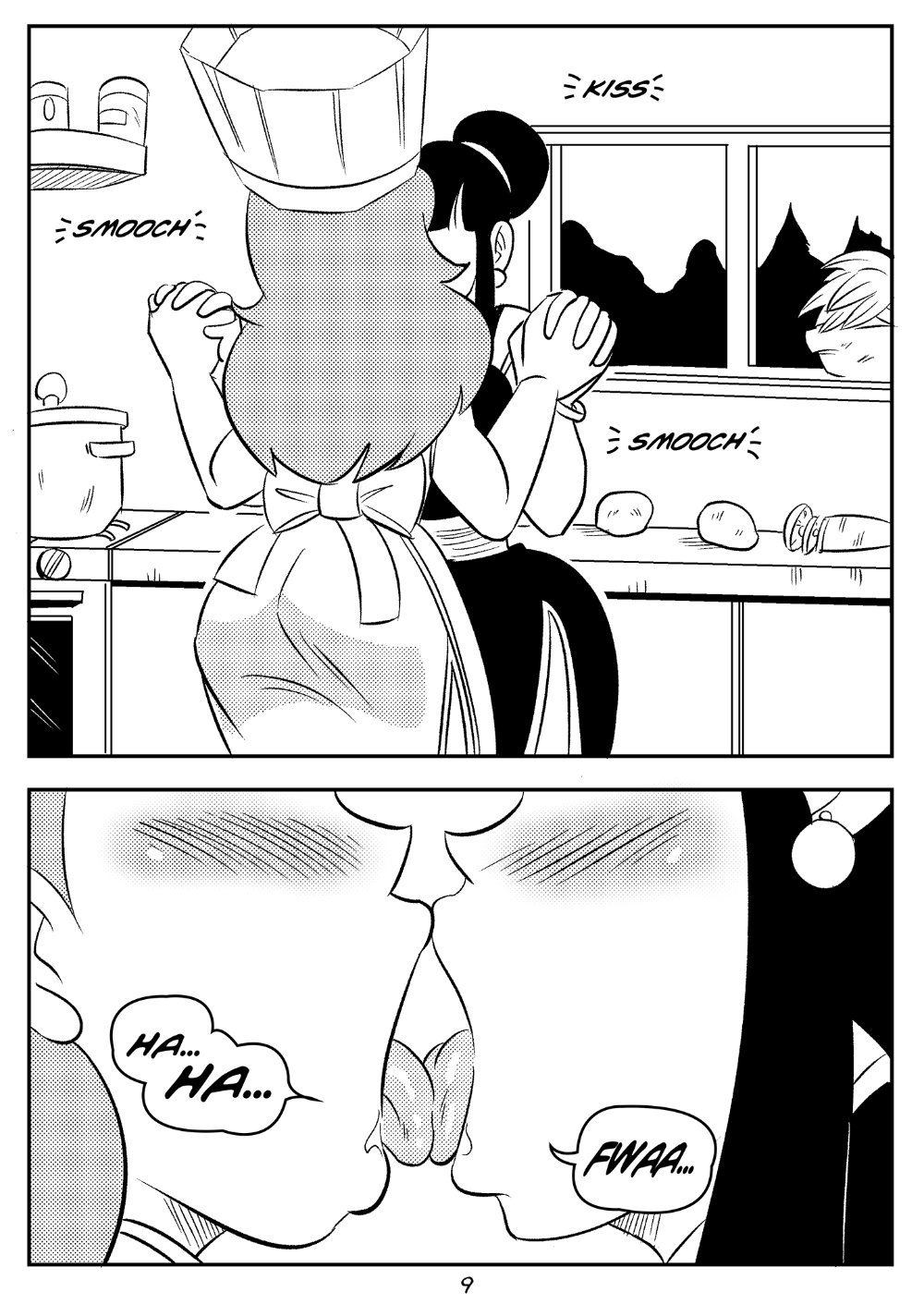 2girls, ass, breasts, chichi, comic, dragon ball, dragon ball z, dragon ball z: kakarot, english text, female, female only, french kiss, funsexydragonball, huge breasts, kissing, kooky cook (dragon ball), master and student, milf, multiple females, multiple girls, page 9, shounen jump, tongue, yuri