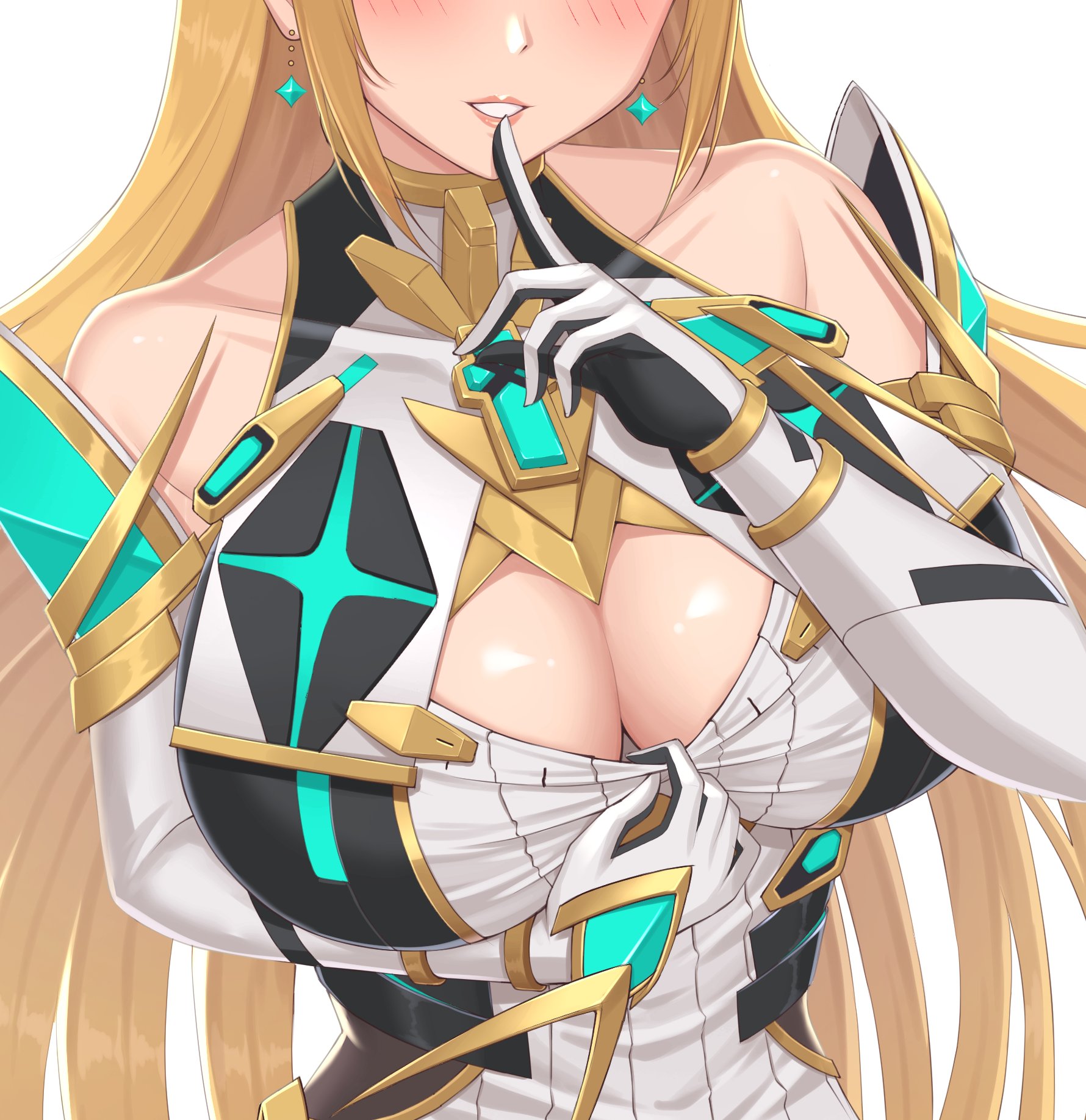 bare shoulders, blonde hair, blush, breasts, cleavage, cleavage cutout, clothing pull, earrings, eyes out of frame, female, finger to mouth, gloves, jewelry, large breasts, light skin, light-skinned female, lips, long gloves, long hair, mythra, shoulders, sssemiii, super smash bros., super smash bros. ultimate, tagme, teasing, white dress, white skin, xenoblade (series), xenoblade chronicles 2