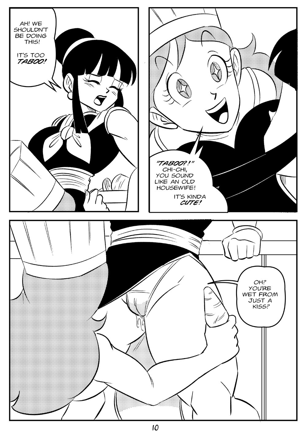 2girls carrot chichi comic dragon_ball dragon_ball_z dragon_ball_z:_kakarot english_text female female_only funsexydragonball huge_breasts kooky_cook_(dragon_ball) master_and_student milf multiple_girls page_10 shounen_jump star_eyes thick_thighs torn_clothes torn_legwear wet wet_pussy yuri