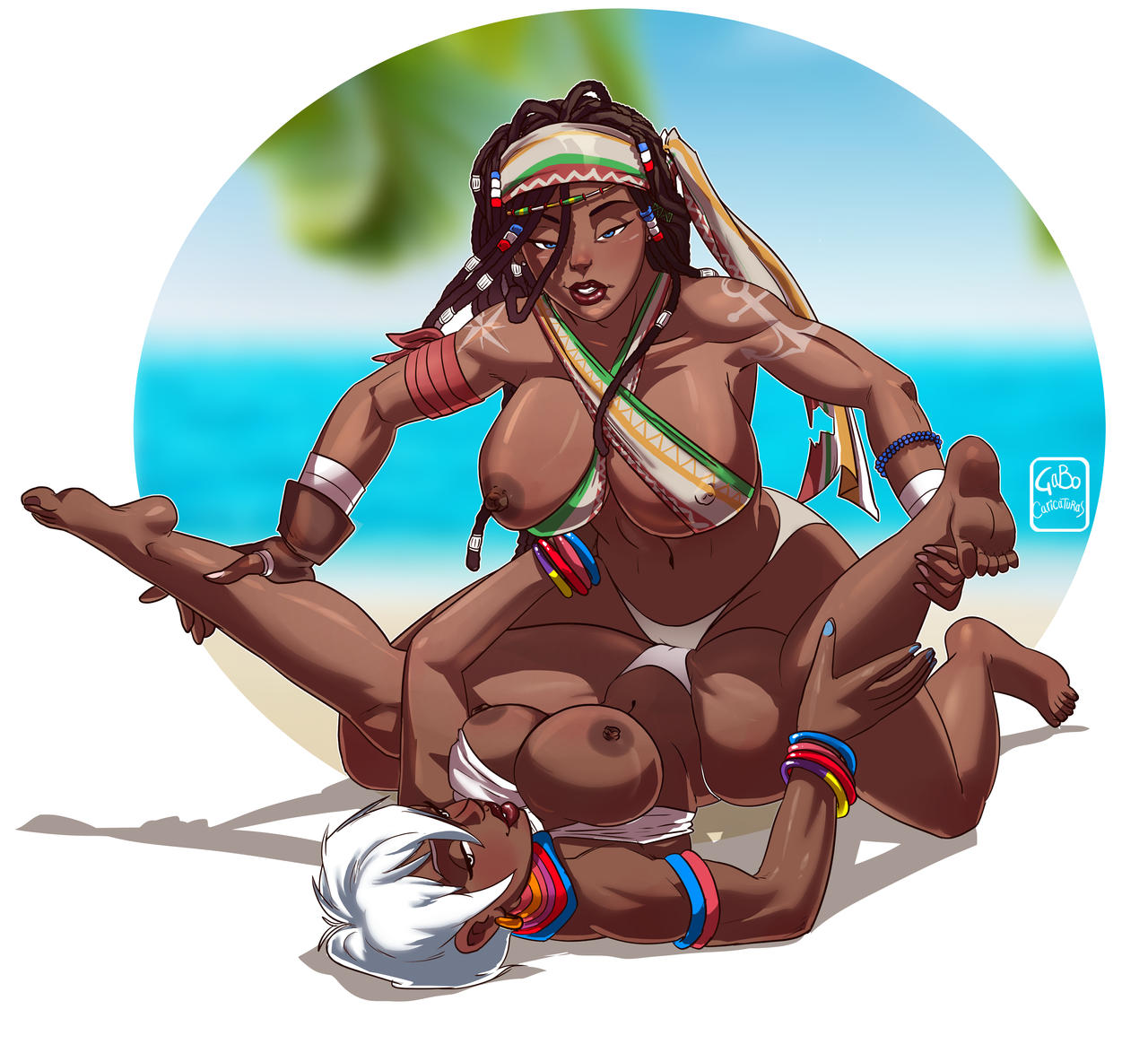 2girls african african_female areola areolae brown_body brown_skin capcom commission crossover dark-skinned_female dark_skin darli_dagger elena_(street_fighter) female gabocaricaturas imminent_sex legs looking_at_viewer mating_press multiple_girls nipples samurai_shodown snk street_fighter thighs tribadism_through_clothing voluptuous white_hair yuri