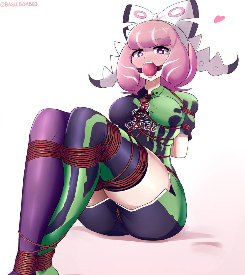 1girls, bagelbomb, ball gag, bondage, female, gag, heart-shaped pupils, klara (pokemon), nintendo, pink hair, pokemon, pokemon ss, pokemon ss isle of armor, restrained, rope