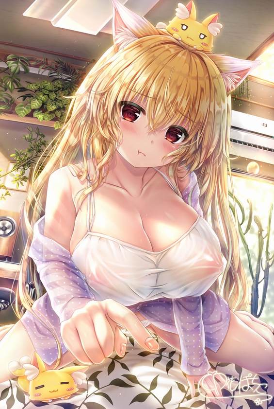 animal_ear_fluff animal_ears animal_on_head bed_sheet blonde_hair breasts camisole cat_on_head collarbone commentary_request eyebrows_visible_through_hair feline female fox_ears hair_between_eyes indoors kurenai_anzu large_breasts long_hair looking_at_viewer nipples on_head open_pajamas original pajamas plant pointing pointing_at_viewer pout red_eyes see-through signature sitting solo unohana_pochiko wariza