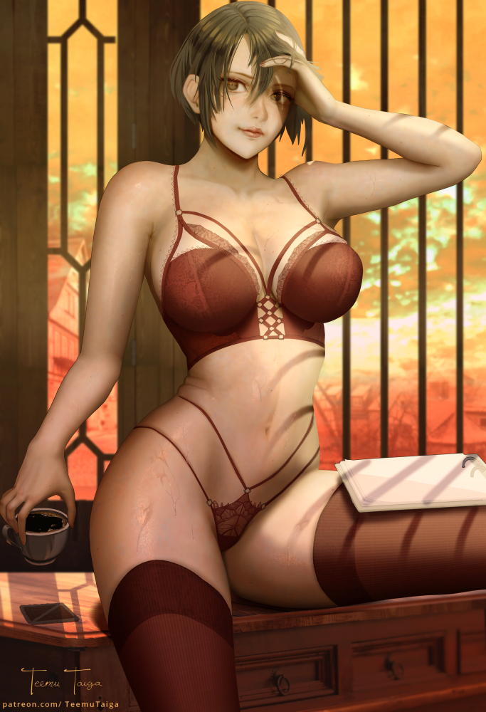 attack_on_titan bra breasts brown_eyes brown_hair cup female hair_between_eyes large_breasts lingerie lips looking_at_viewer mikasa_ackerman navel panties red_bra red_legwear red_panties shingeki_no_kyojin short_hair sitting solo teemu_rasinkangas teemu_taiga thighhighs underwear underwear_only