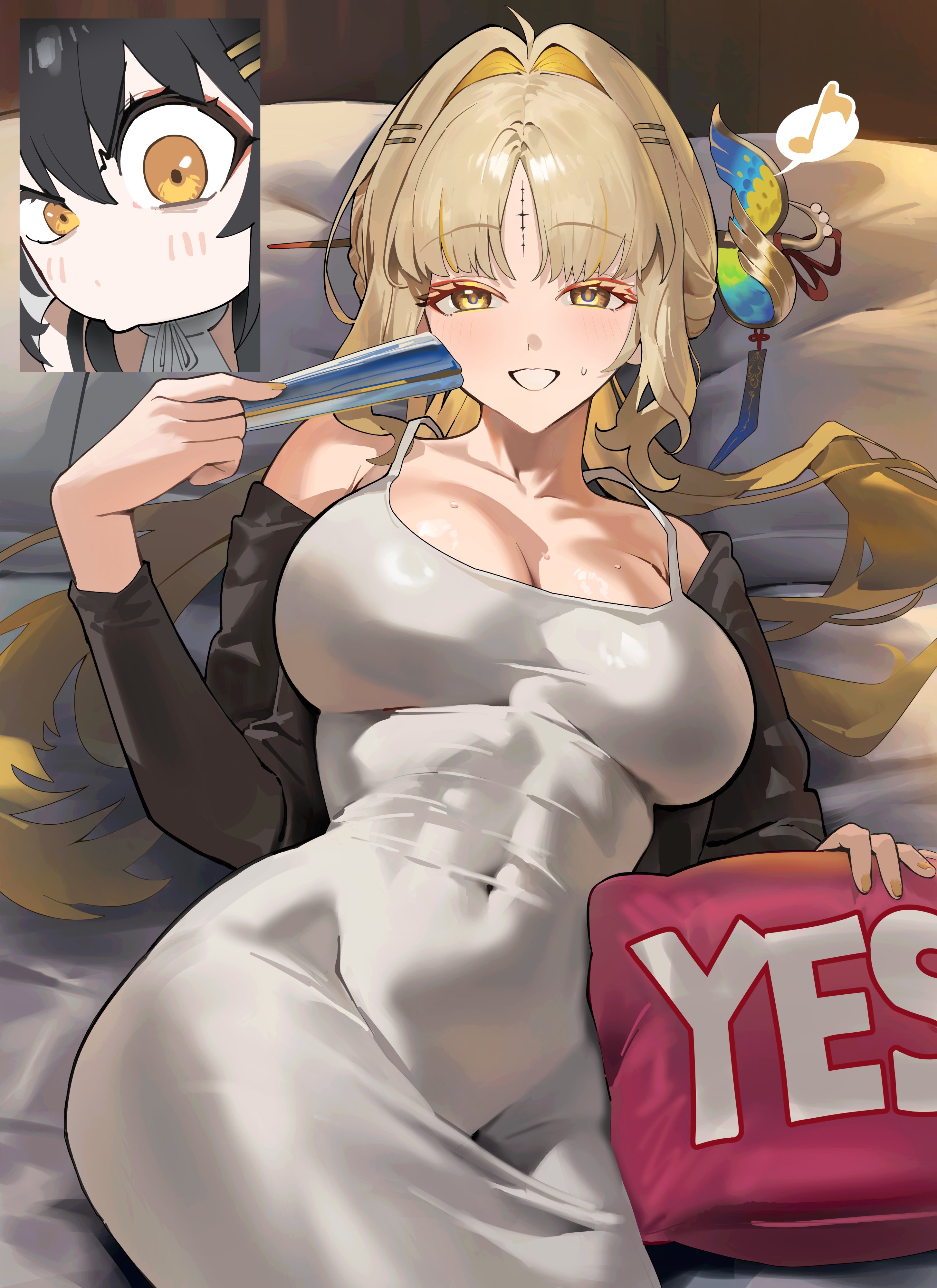 blonde hair, dress, female, female rover (wuthering waves), hood x art, rover (wuthering waves), sexy pose, smile, suisui (wuthering waves), wuthering waves, yes pillow