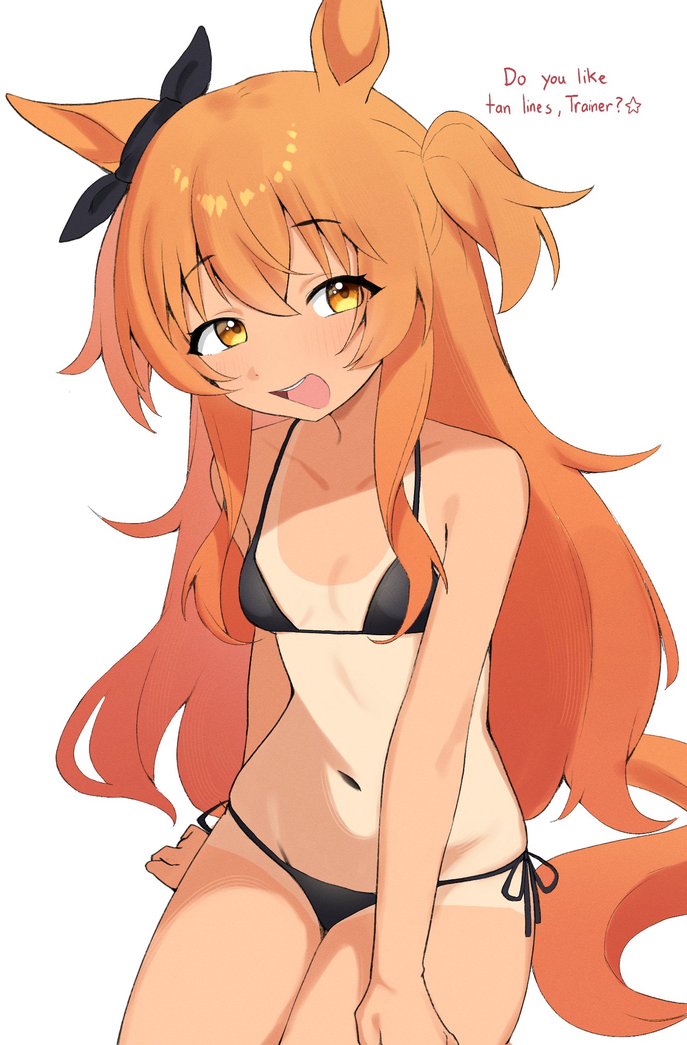 1girl, black bikini, english text, horse ears, horse girl, horse tail, long hair, looking at viewer, mayano top gun (umamusume), nyaivie, one-piece tan, open mouth, orange eyes, orange hair, side-tie bikini bottom, sitting, small breasts, smile, solo, tan skin, tanlines, thighs, two side up, umamusume, umamusume pretty derby