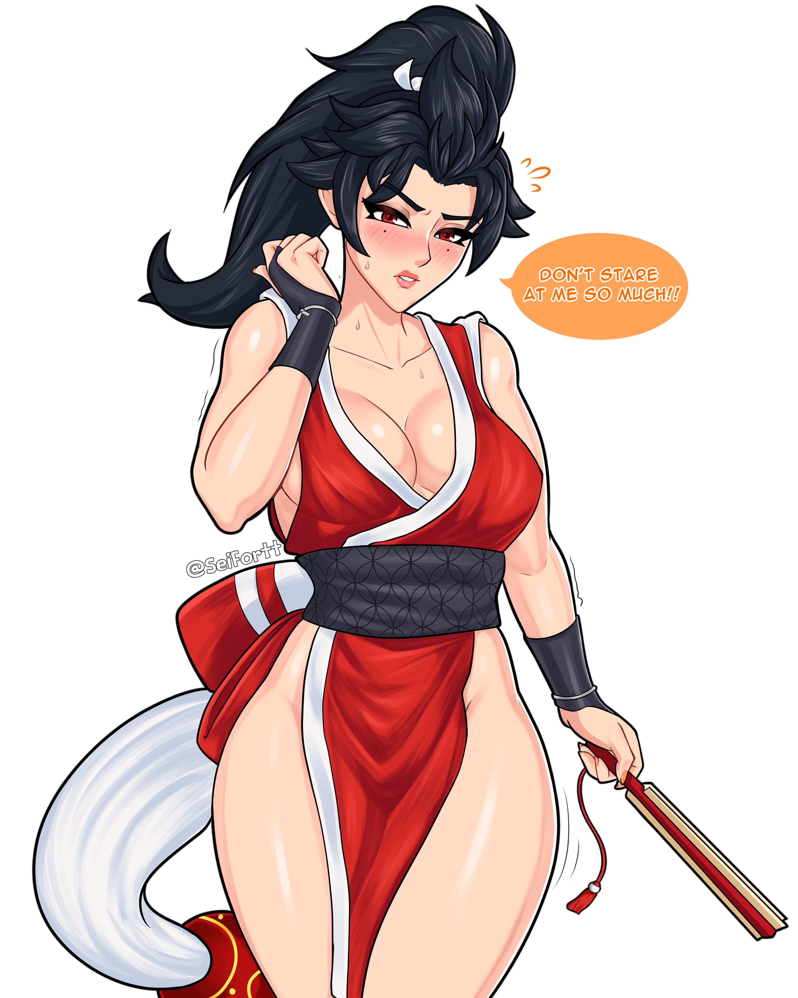 1girls, anran, artist name, big breasts, black hair, blush, breasts, cleavage, clothed, clothed female, cosplay, embarrassed, fan, fatal fury, female, female only, folding fan, hand fan, holding object, human, human only, king of fighters, large breasts, long hair, mai shiranui (cosplay), no bra, overwatch, overwatch 2, ponytail, questionable, red eyes, seifortt, solo, solo female, standing, talking, talking to viewer, thighs, voluptuous female