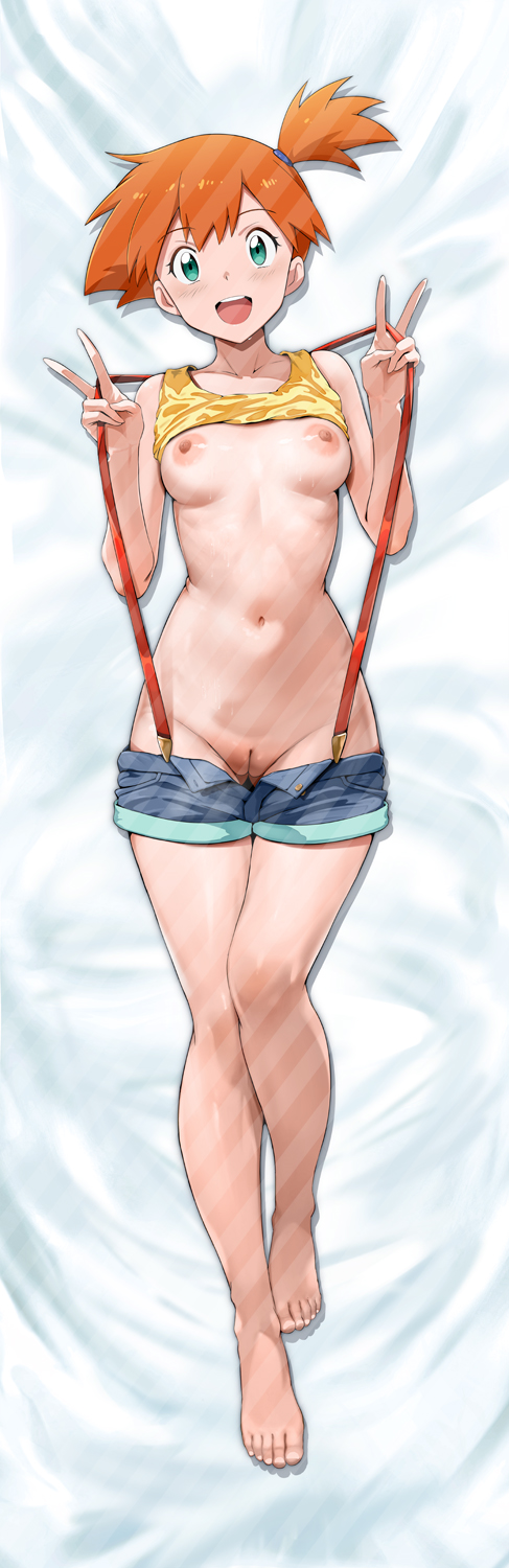 1girl, asymmetrical hair, bare arms, bare legs, bare shoulders, barefoot, bed sheet, blush, breasts, cleft of venus, clothes lift, clothes pull, clothing, dakimakura (medium), denim, denim shorts, double v, double w, eyelashes, feet, female, female pubic hair, full body, green eyes, hands up, happy, kasumi (pokemon), knees, legs, looking at viewer, lying, medium breasts, misty (pokemon), navel, nintendo, nipples, no bra, on back, one side up, open clothes, open mouth, open shorts, open-mouth smile, orange hair, pokemon, ponytail, pubic hair, pulled by self, shirt, shirt lift, short hair, short shorts, shorts, shorts pull, side ponytail, sleeveless, small breasts, smile, solo, stomach, suspender shorts, suspenders, t3x, tank top, teeth, tied hair, toenails, toes, upper teeth, upper teeth only, v, vagina, viewed from above, yellow shirt, yellow tank top